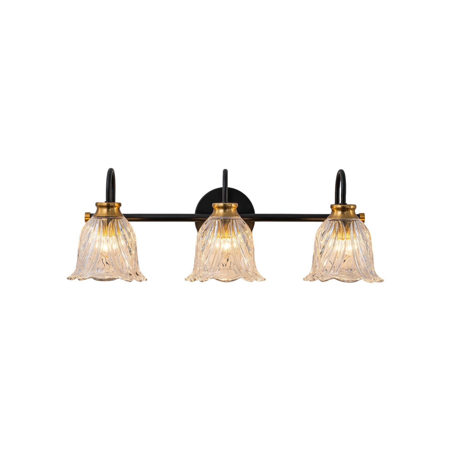 Glowlings 3/4-Light Modern Black & Gold Bathroom Vanity Light Wall Sconce with Flower Clear Glass Shades for Mirror