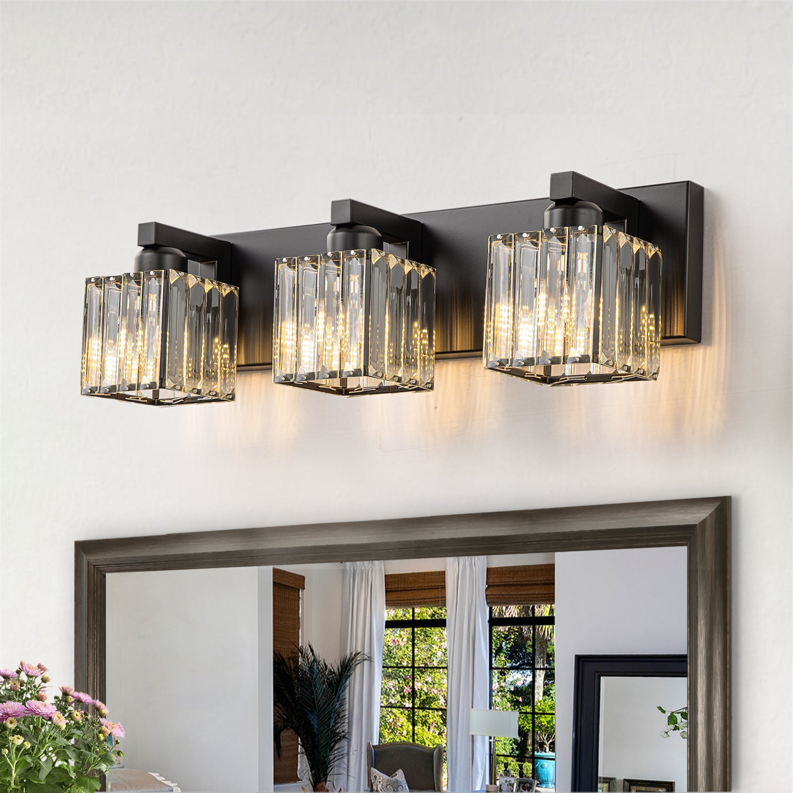 Glowlings 3/4/5-Light Modern Matte Black Square Crystal Bathroom Vanity Light Fixtures Over Mirror