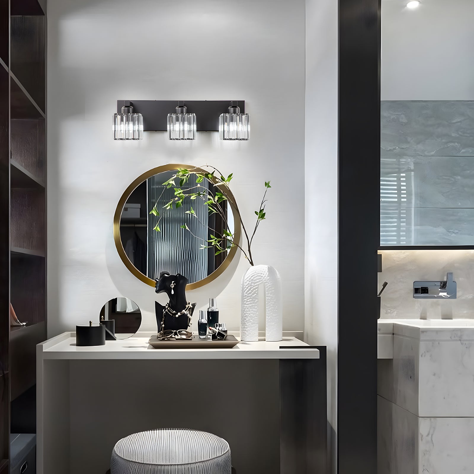 Glowlings 3/4/5-Light Modern Matte Black Square Crystal Bathroom Vanity Light Fixtures Over Mirror