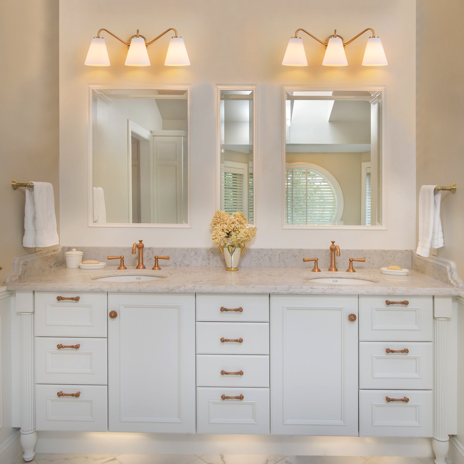 Glowlings 3-Light Modern Brass Cone Opal Glass Bathroom Vanity Wall Sconce