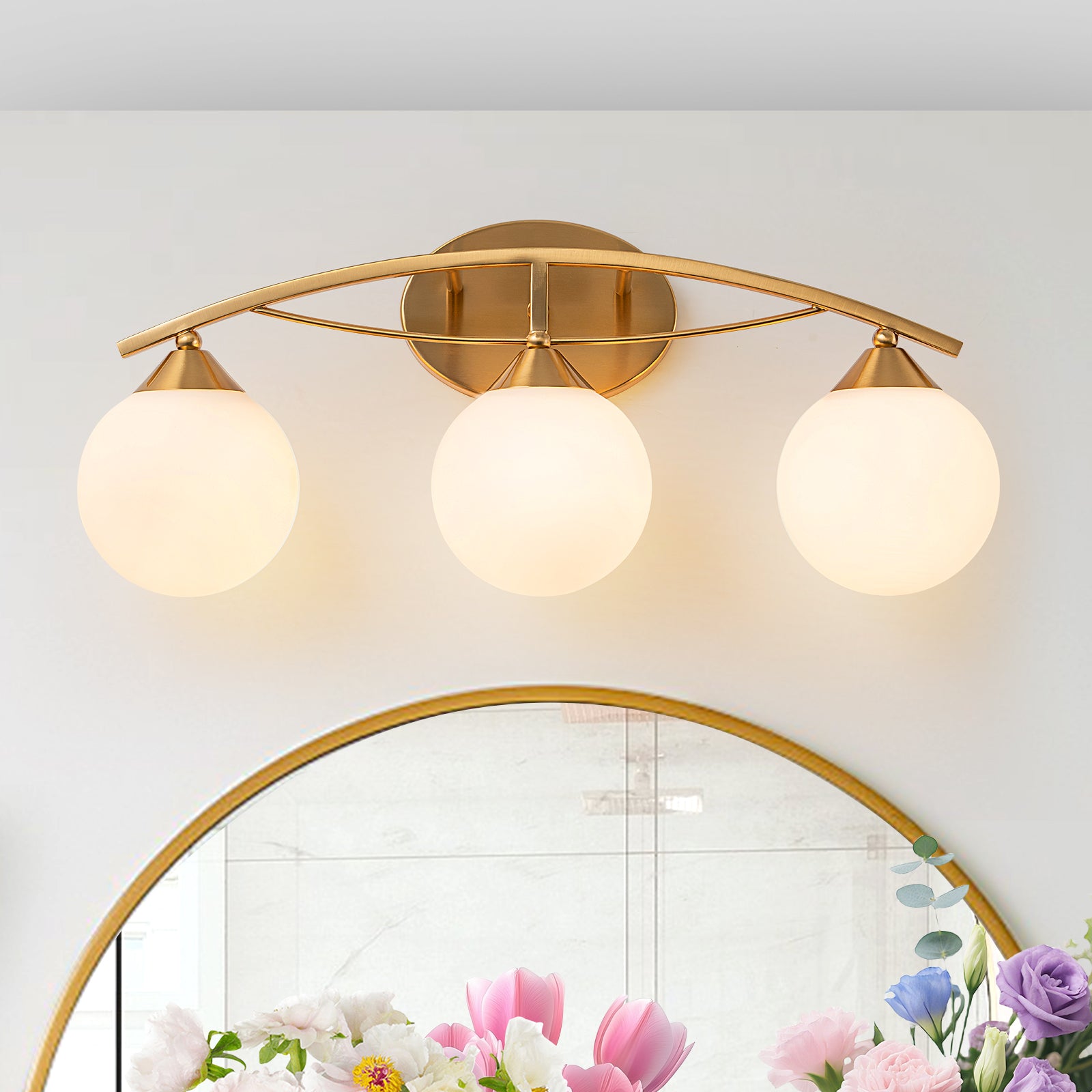 Glowlings 3/4-Light Modern Brass Curve Opal Glass Bathroom Vanity Light