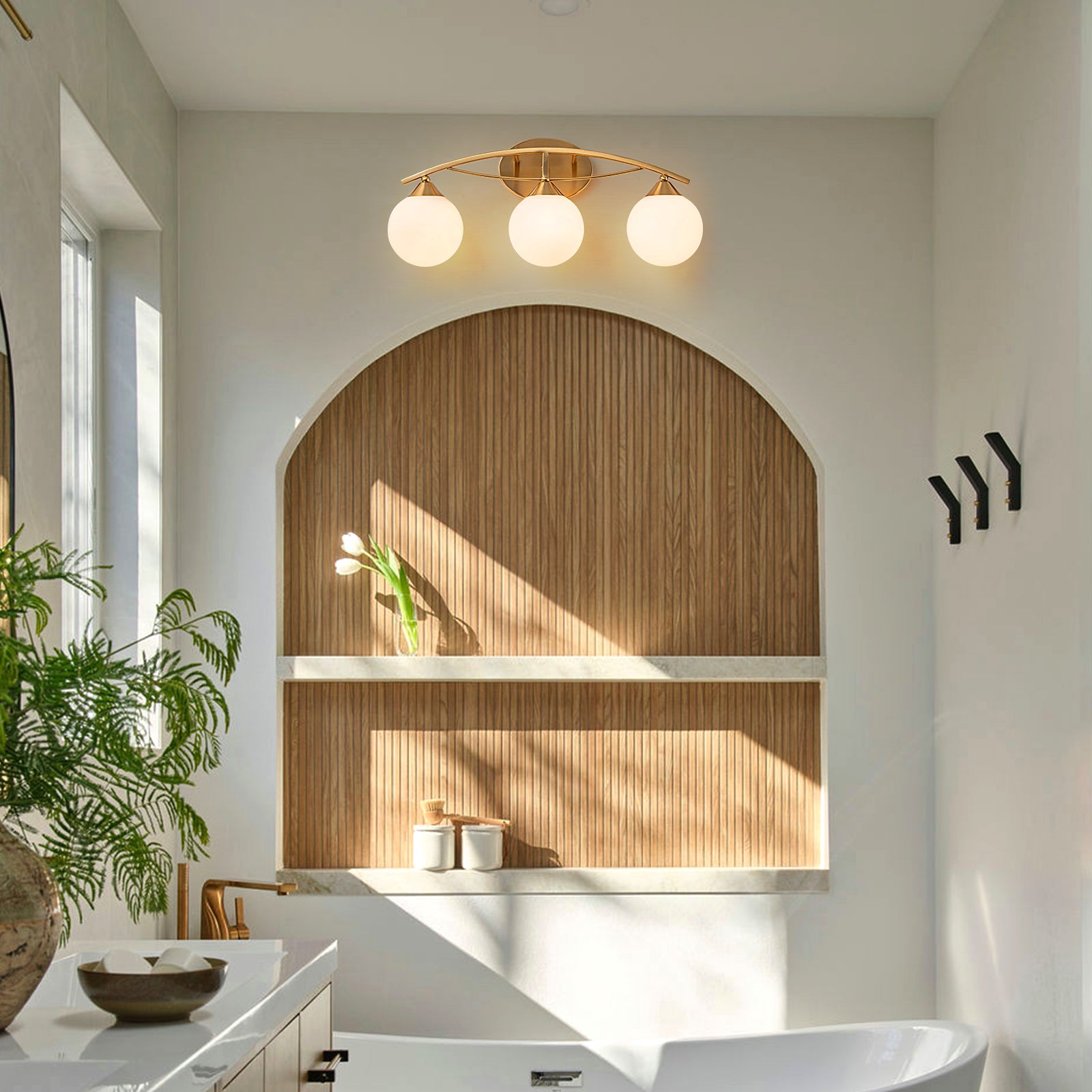 Glowlings 3/4-Light Modern Brass Curve Opal Glass Bathroom Vanity Light