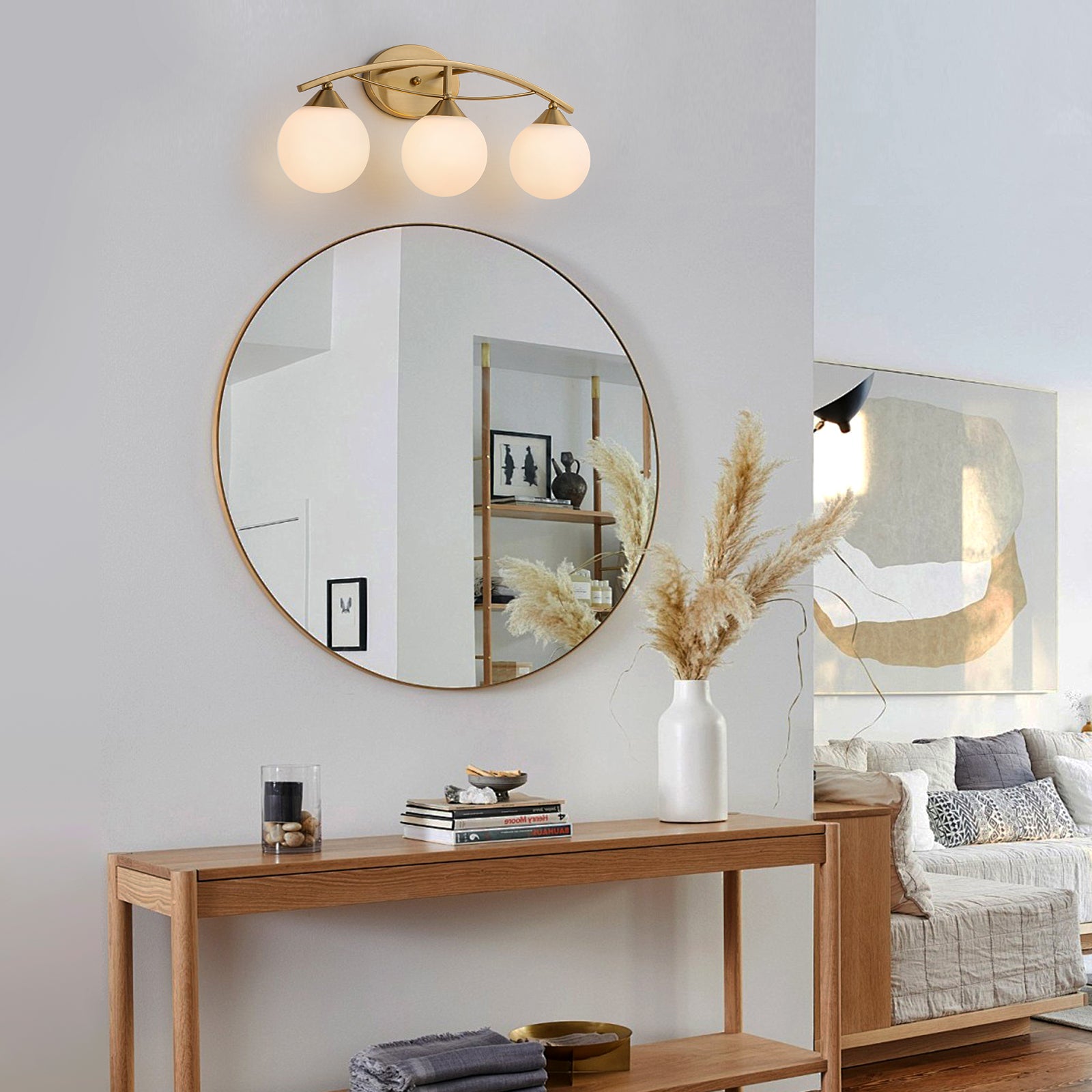 Glowlings 3/4-Light Modern Brass Curve Opal Glass Bathroom Vanity Light