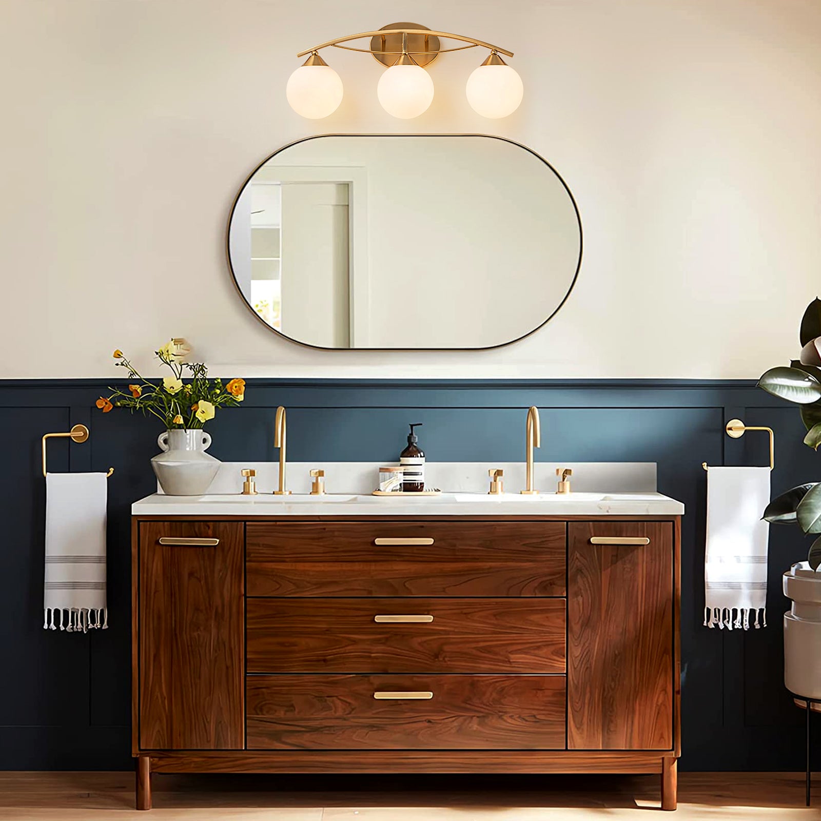 Glowlings 3/4-Light Modern Brass Curve Opal Glass Bathroom Vanity Light