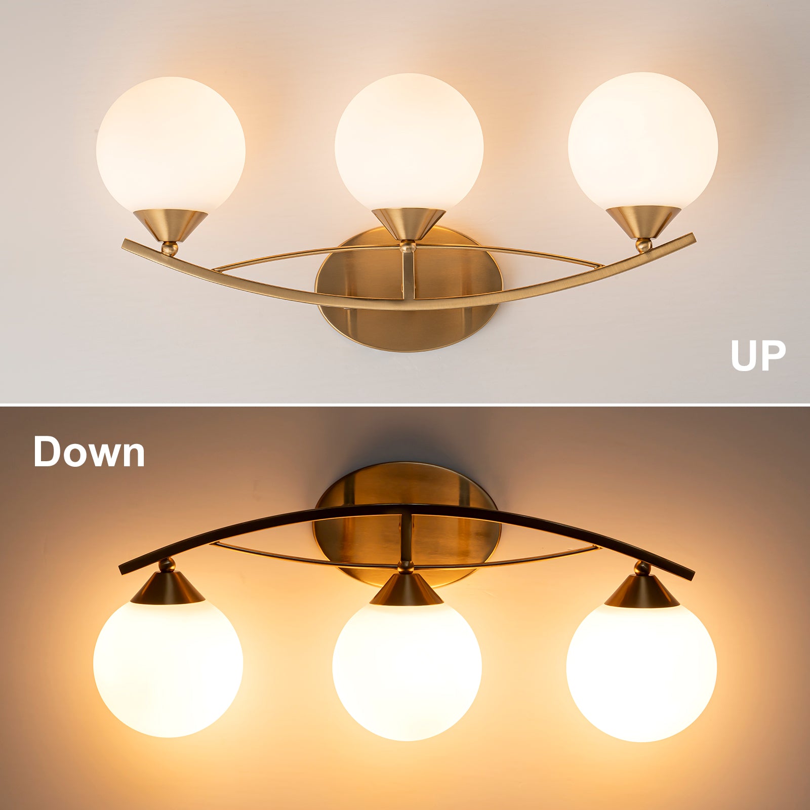 Glowlings 3/4-Light Modern Brass Curve Opal Glass Bathroom Vanity Light