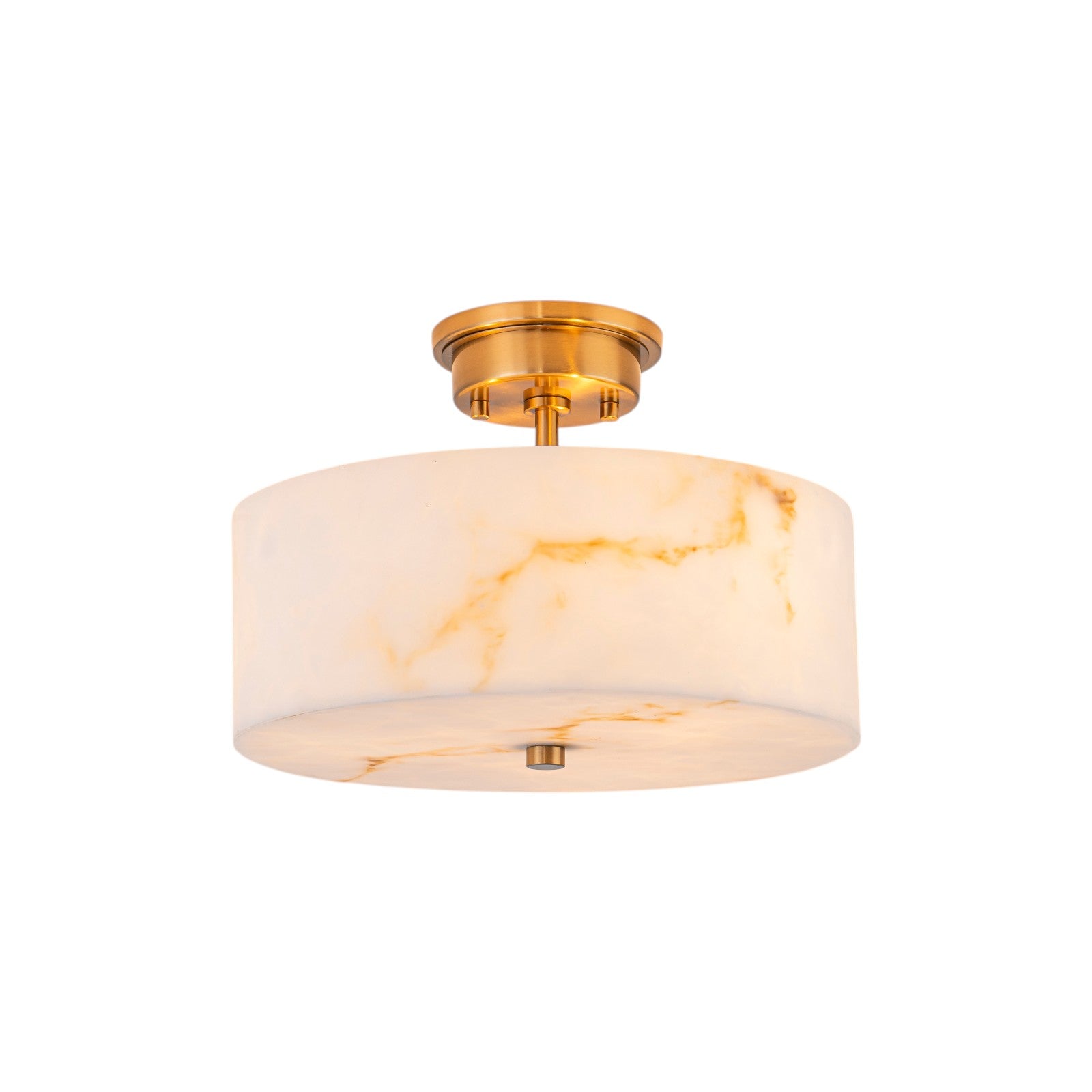 Glowlings 3-Light Modern Brass Semi-Flush Mount Ceiling Light with Faux Alabaster Drum Shade
