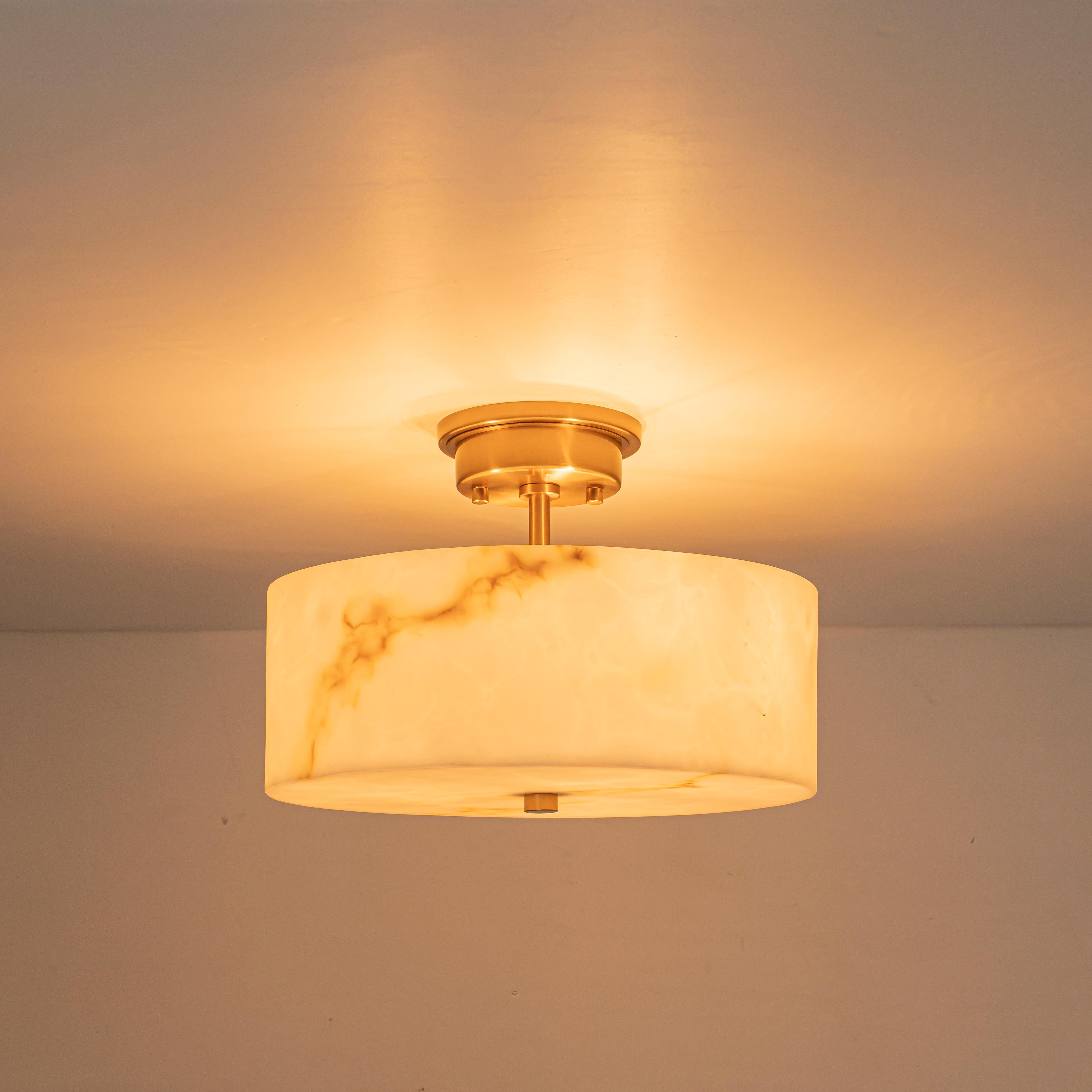Glowlings 3-Light Modern Brass Semi-Flush Mount Ceiling Light with Faux Alabaster Drum Shade
