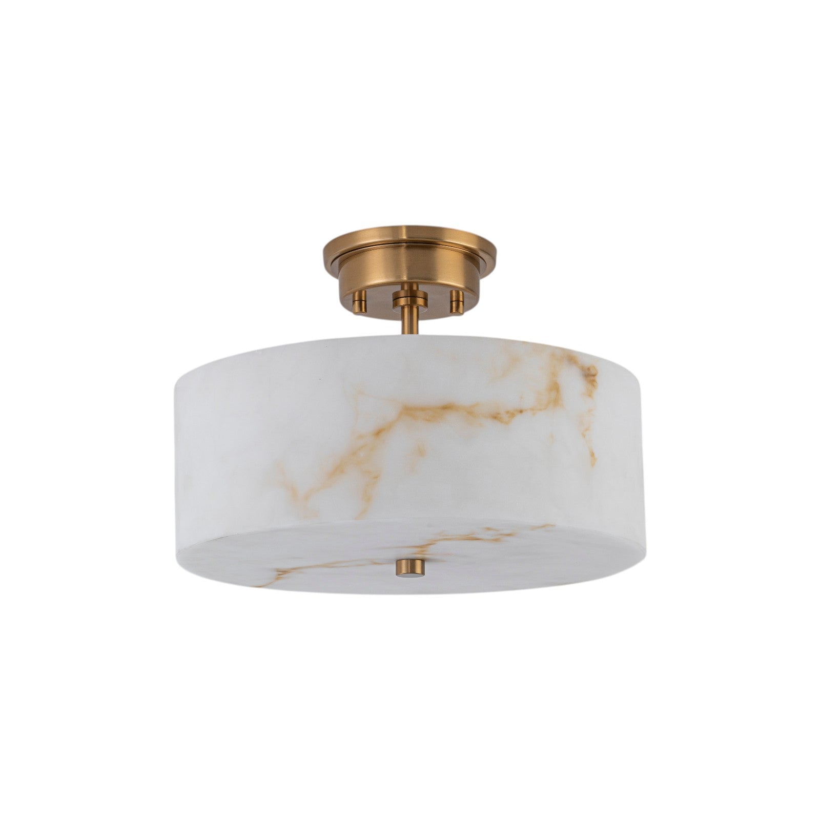 Glowlings 3-Light Modern Brass Semi-Flush Mount Ceiling Light with Faux Alabaster Drum Shade