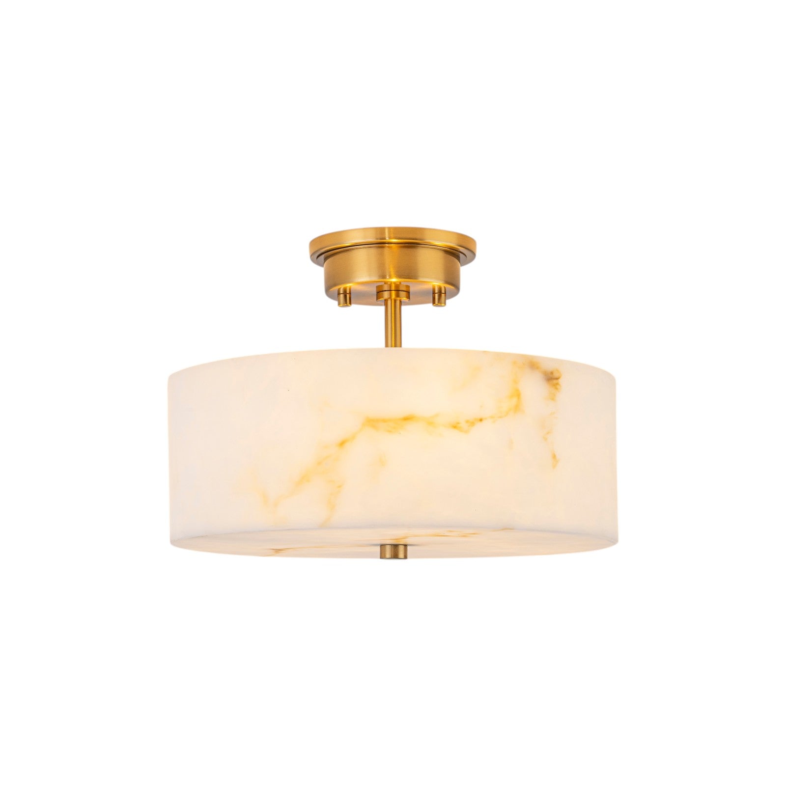 Glowlings 3-Light Modern Brass Semi-Flush Mount Ceiling Light with Faux Alabaster Drum Shade