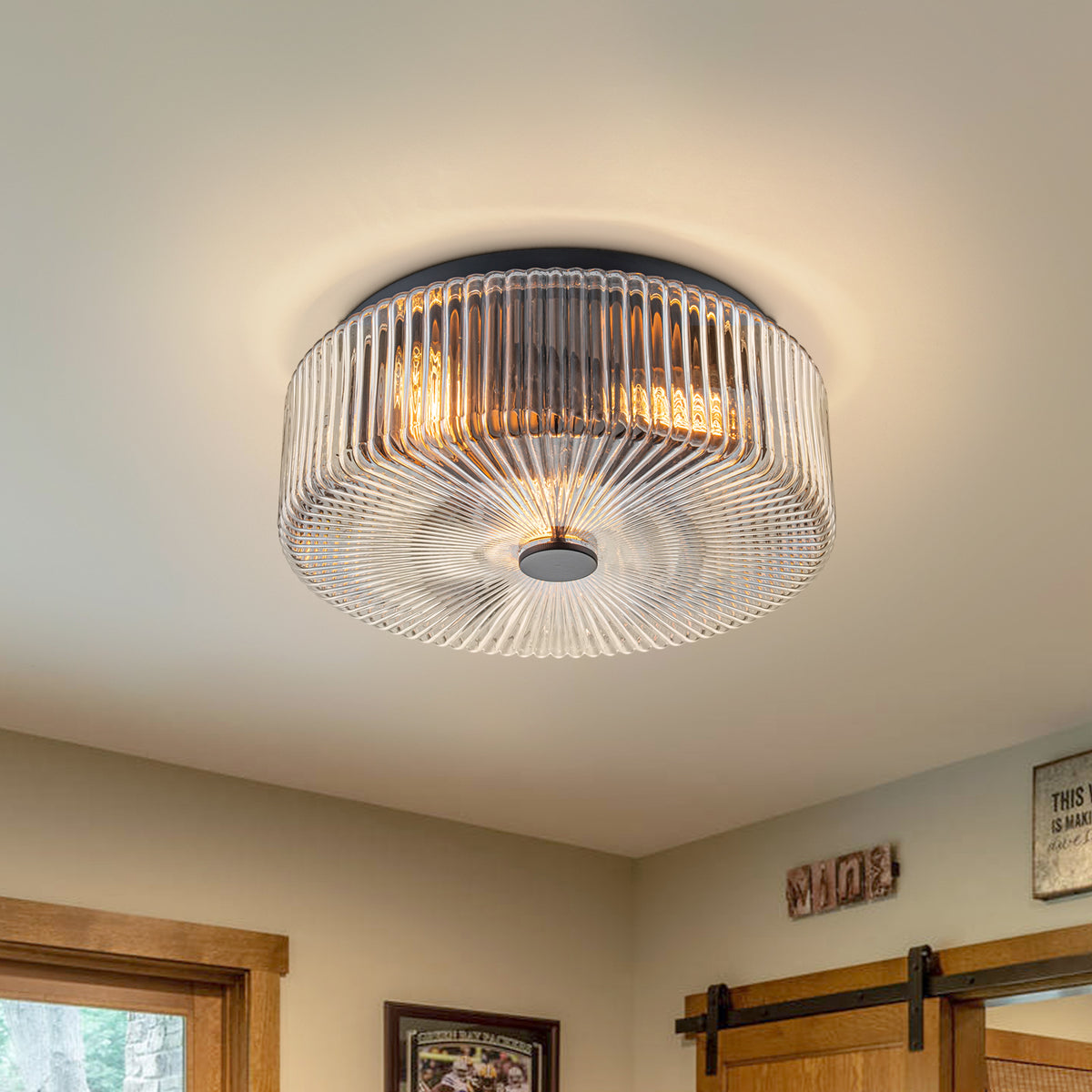 Glowlings 3-Light Modern 14"Wide Clear Fluted Glass Drum Flush Mount Ceiling Light