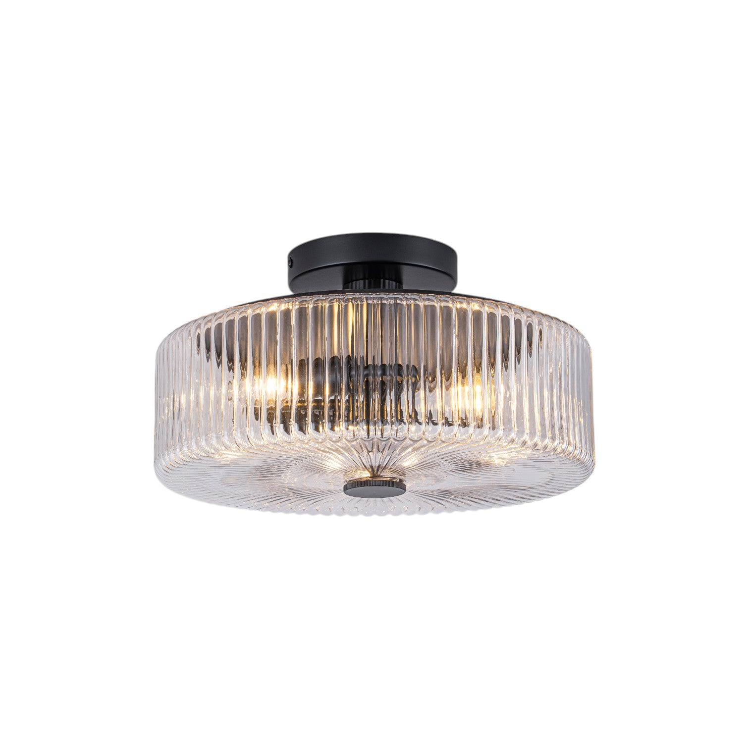 Glowlings 3-Light Modern 14"Wide Clear Ribbed Glass Brass Drum Semi-Flush Mount Ceiling Light