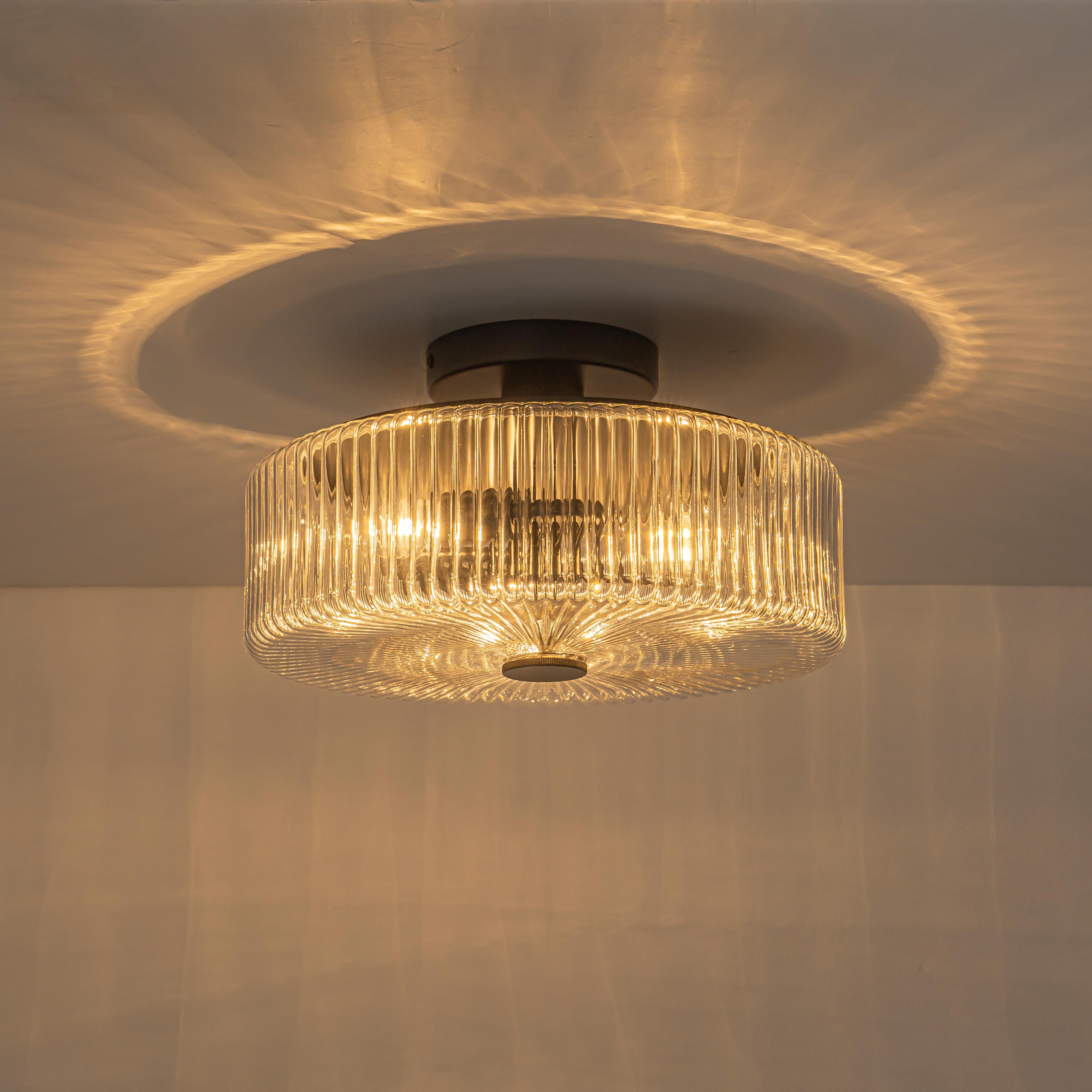 Glowlings 3-Light Modern 14"Wide Clear Ribbed Glass Brass Drum Semi-Flush Mount Ceiling Light