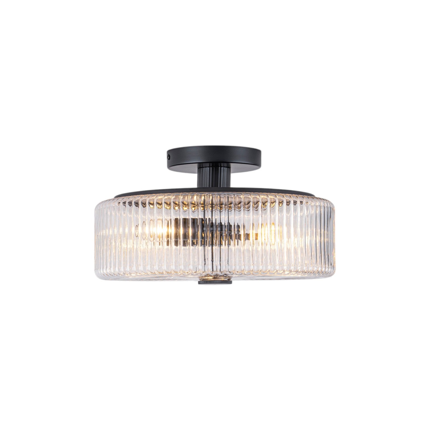 Glowlings 3-Light Modern 14"Wide Clear Ribbed Glass Brass Drum Semi-Flush Mount Ceiling Light