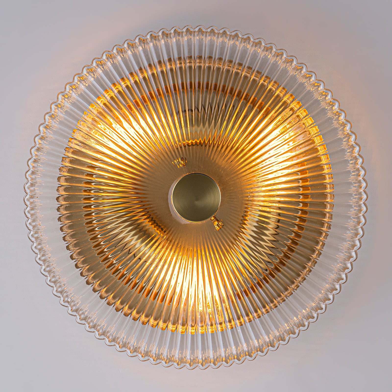 Glowlings 3-Light Modern 14"Wide Clear Ribbed Glass Brass Drum Flush Mount Ceiling Light