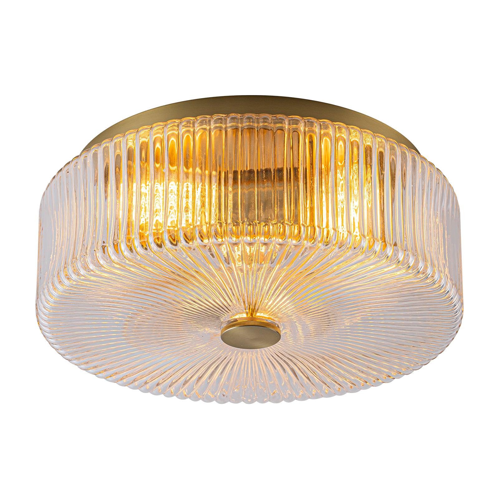 Glowlings 3-Light Modern 14"Wide Clear Ribbed Glass Brass Drum Flush Mount Ceiling Light