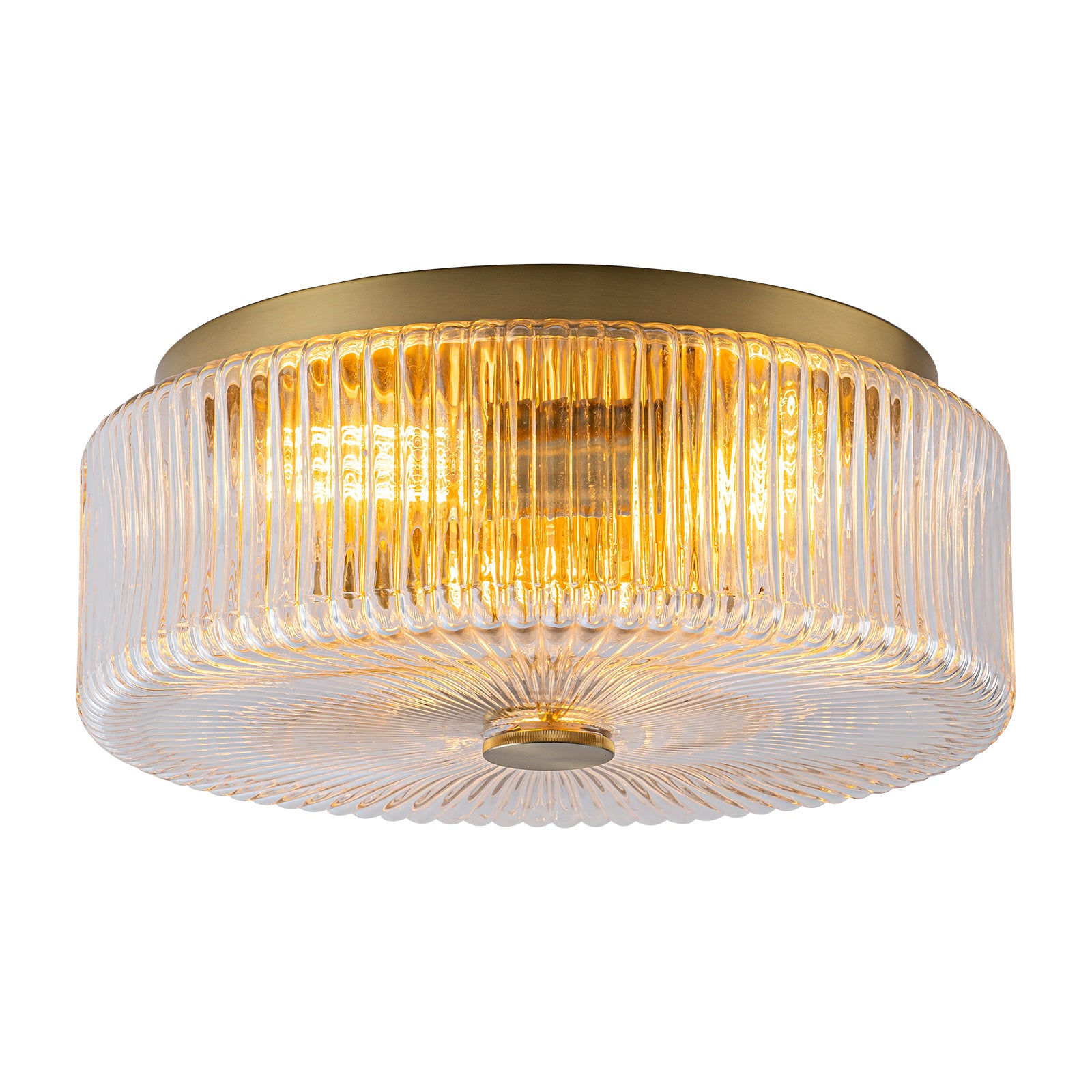 Glowlings 3-Light Modern 14"Wide Clear Ribbed Glass Brass Drum Flush Mount Ceiling Light