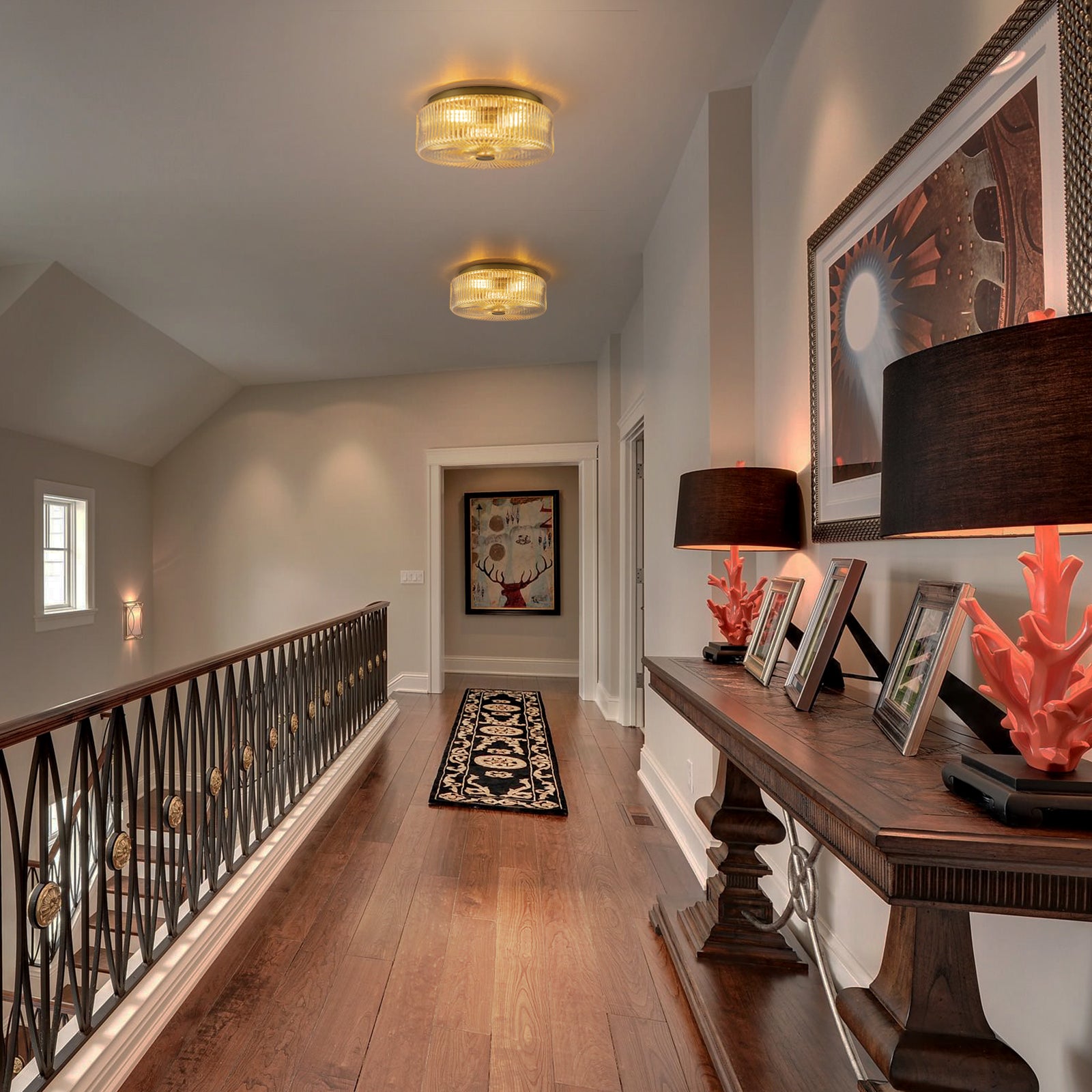 Glowlings 3-Light Modern 14"Wide Clear Ribbed Glass Brass Drum Flush Mount Ceiling Light