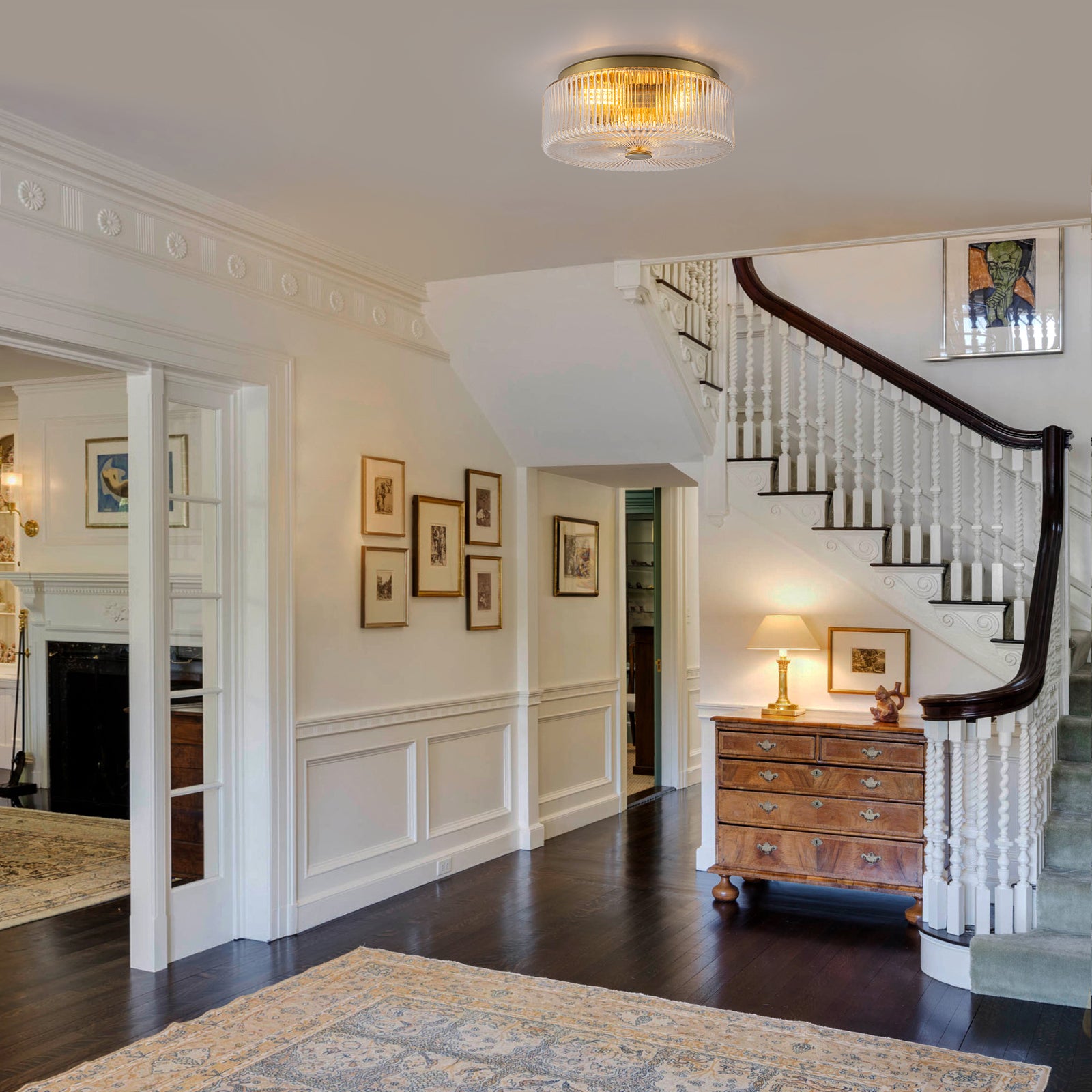 Glowlings 3-Light Modern 14"Wide Clear Ribbed Glass Brass Drum Flush Mount Ceiling Light