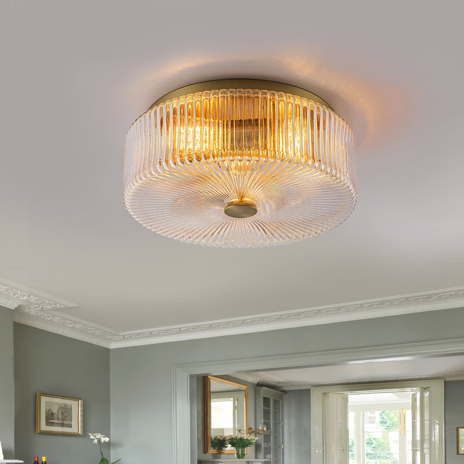 Glowlings 3-Light Modern 14"Wide Clear Ribbed Glass Brass Drum Flush Mount Ceiling Light