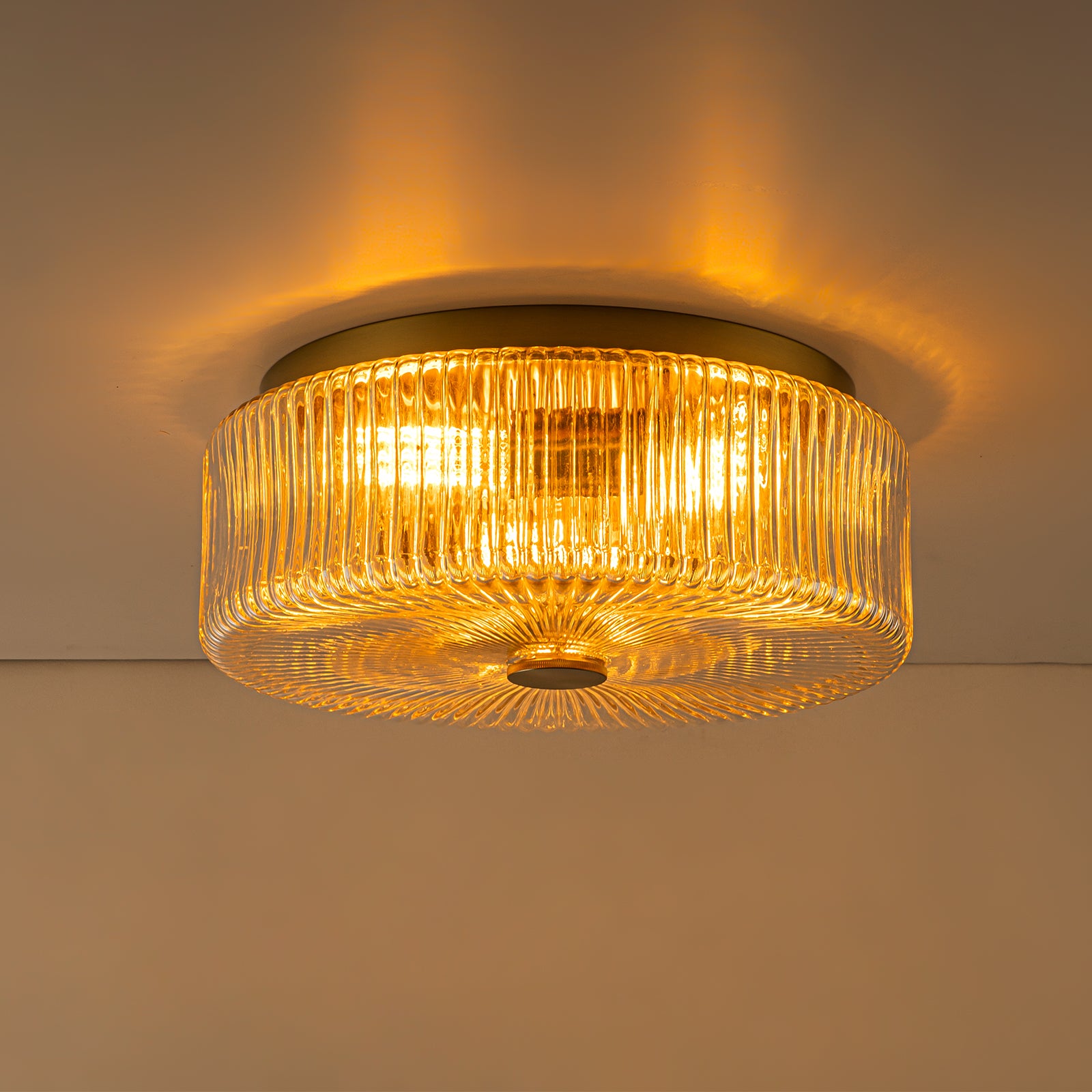 Glowlings 3-Light Modern 14"Wide Clear Ribbed Glass Brass Drum Flush Mount Ceiling Light