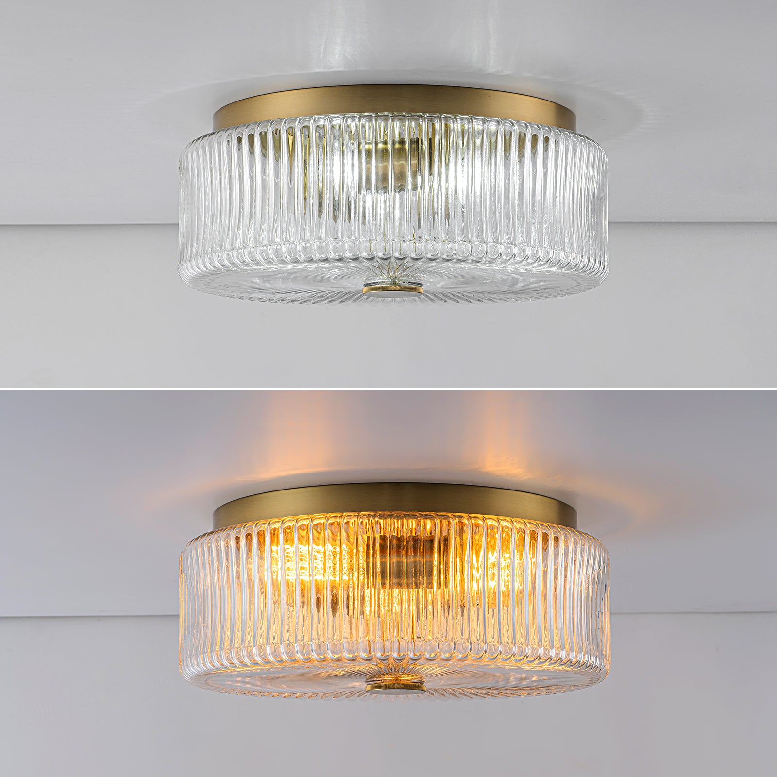 Glowlings 3-Light Modern 14"Wide Clear Ribbed Glass Brass Drum Flush Mount Ceiling Light