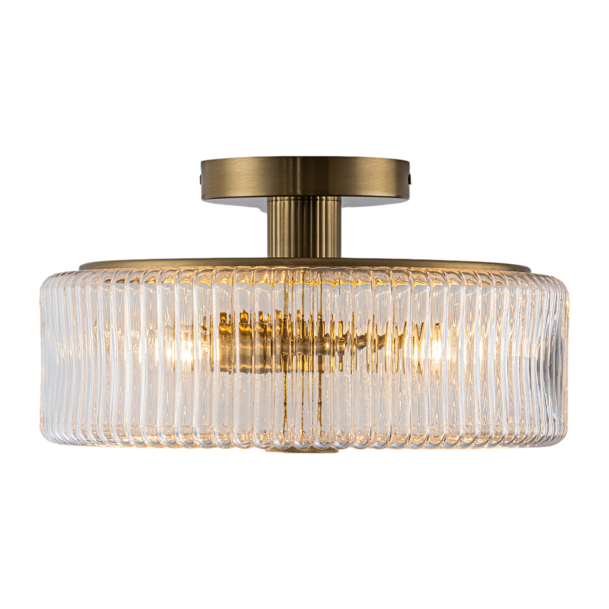 Glowlings 3-Light Modern 14"Wide Clear Ribbed Glass Brass Drum Semi-Flush Mount Ceiling Light