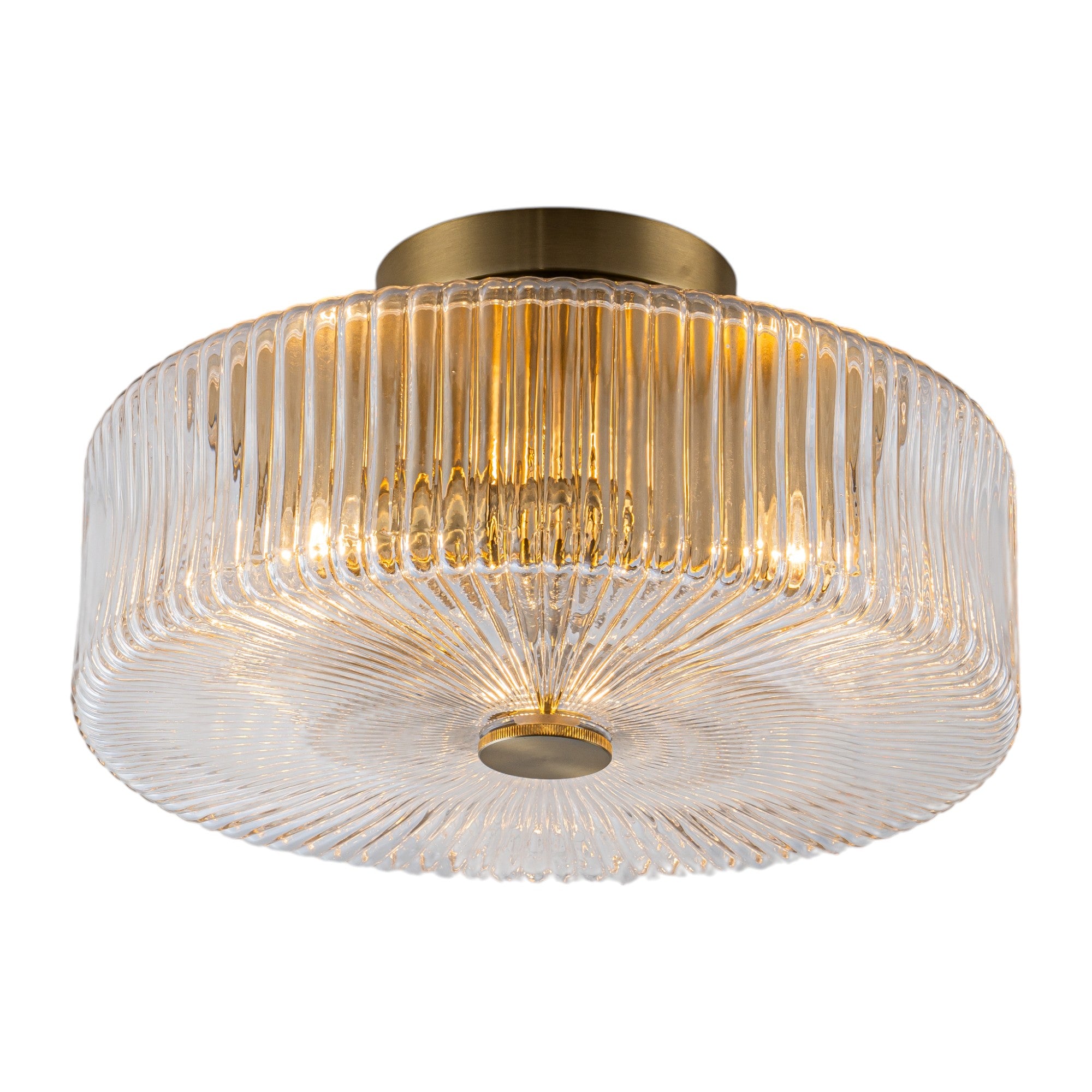 Glowlings 3-Light Modern 14"Wide Clear Ribbed Glass Brass Drum Semi-Flush Mount Ceiling Light