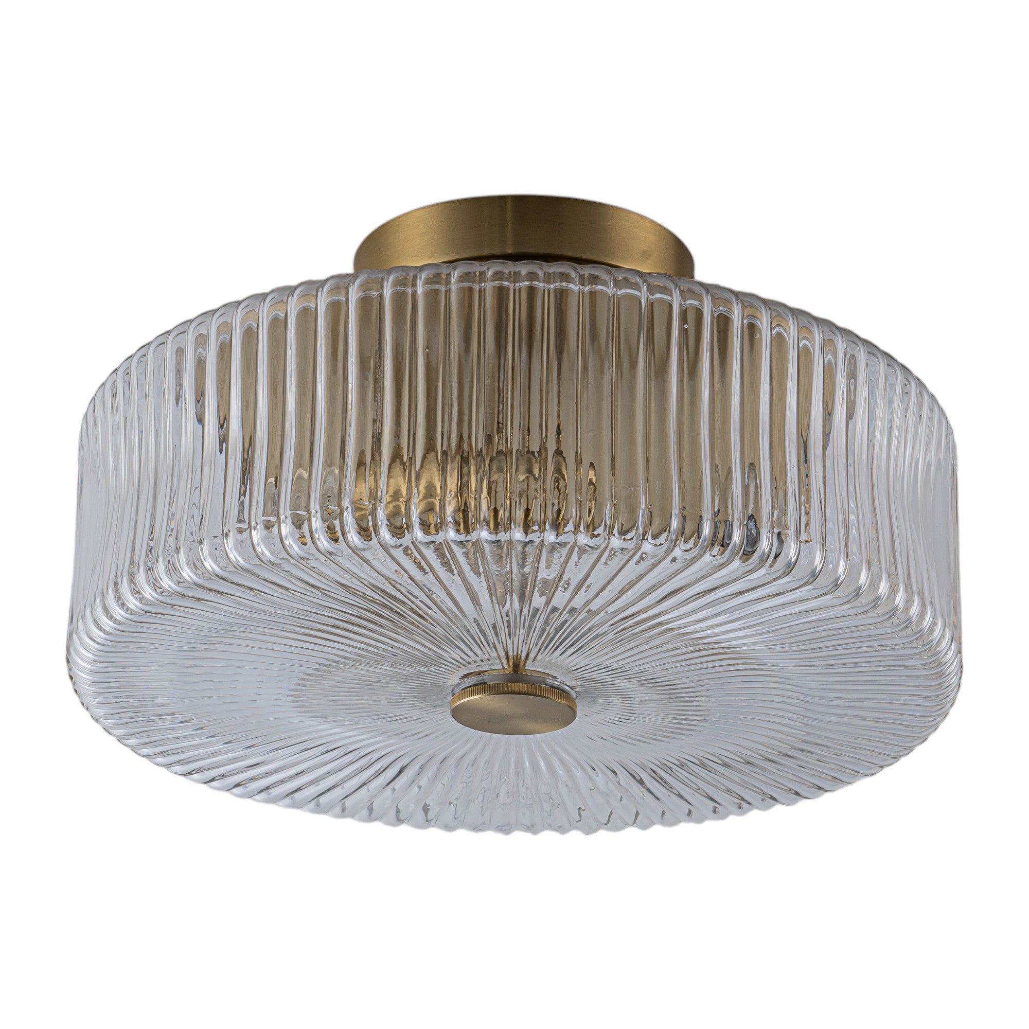 Glowlings 3-Light Modern 14"Wide Clear Ribbed Glass Brass Drum Semi-Flush Mount Ceiling Light