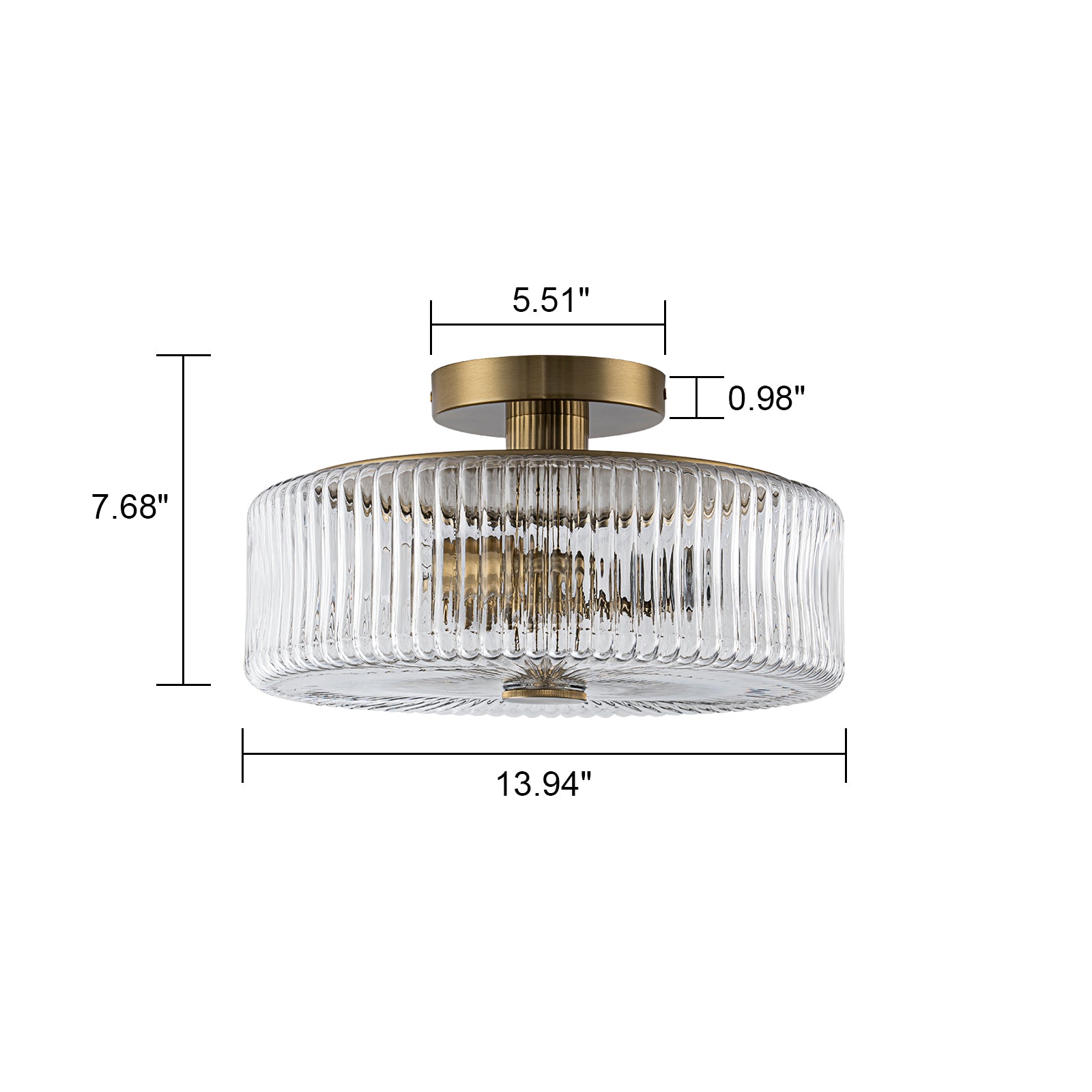 Glowlings 3-Light Modern 14"Wide Clear Ribbed Glass Brass Drum Semi-Flush Mount Ceiling Light