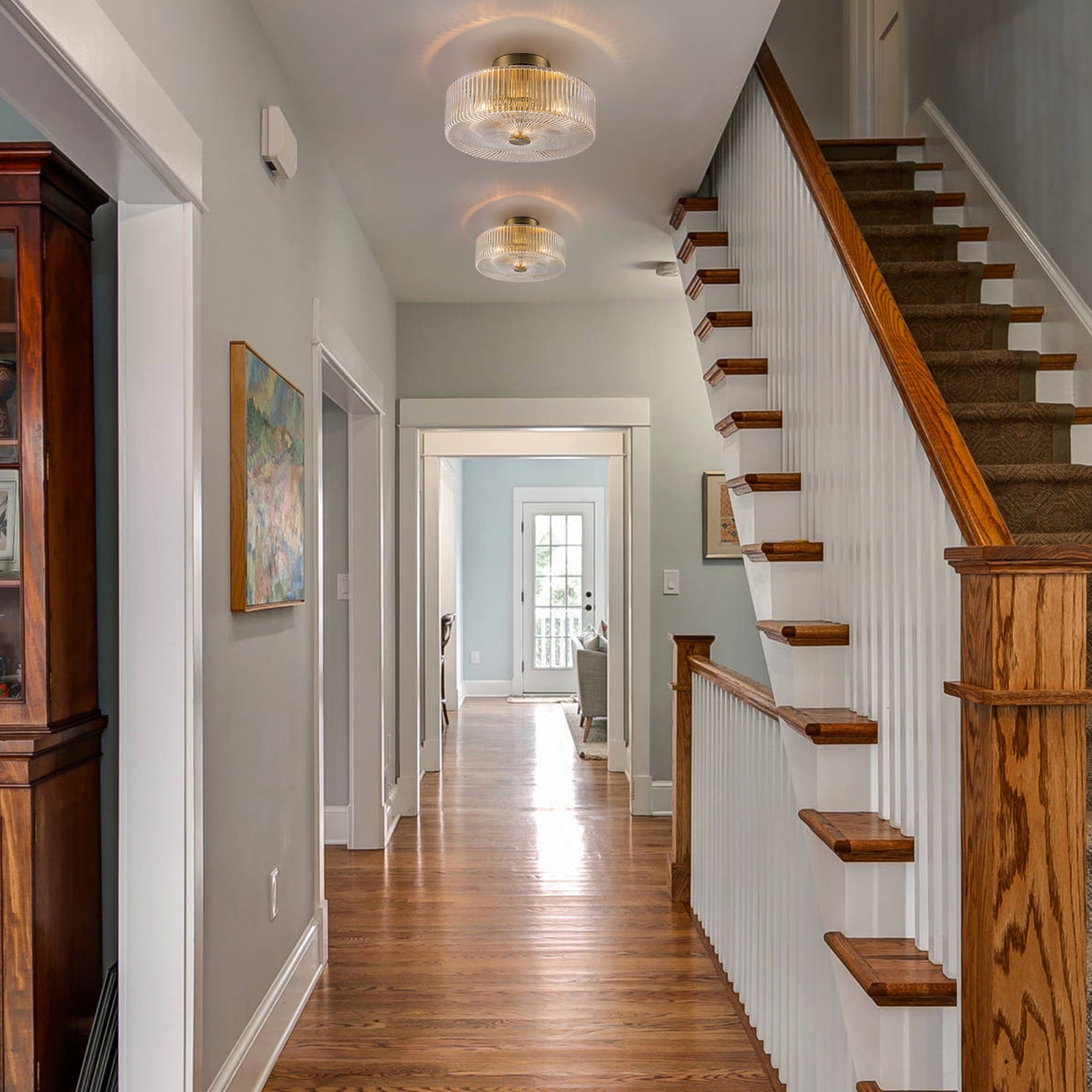 Glowlings 3-Light Modern 14"Wide Clear Ribbed Glass Brass Drum Semi-Flush Mount Ceiling Light