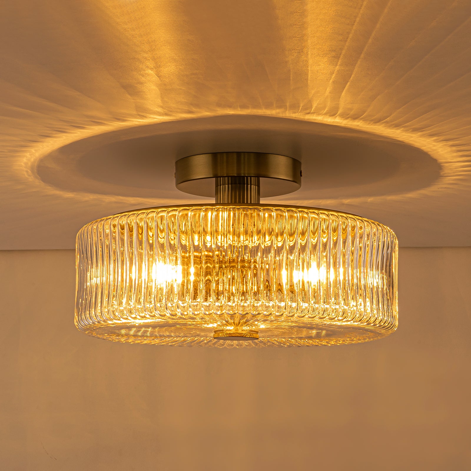 Glowlings 3-Light Modern 14"Wide Clear Ribbed Glass Brass Drum Semi-Flush Mount Ceiling Light