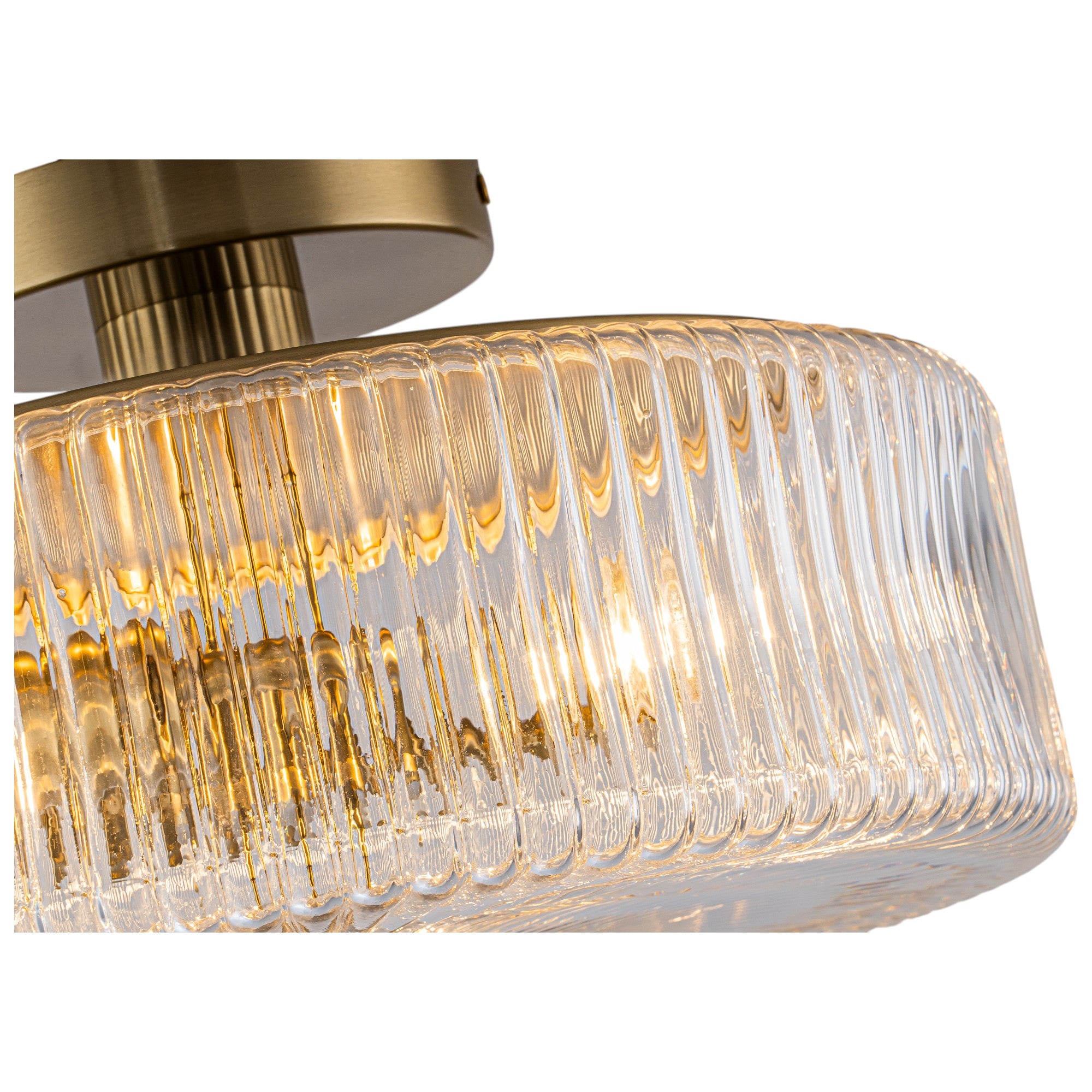 Glowlings 3-Light Modern 14"Wide Clear Ribbed Glass Brass Drum Semi-Flush Mount Ceiling Light