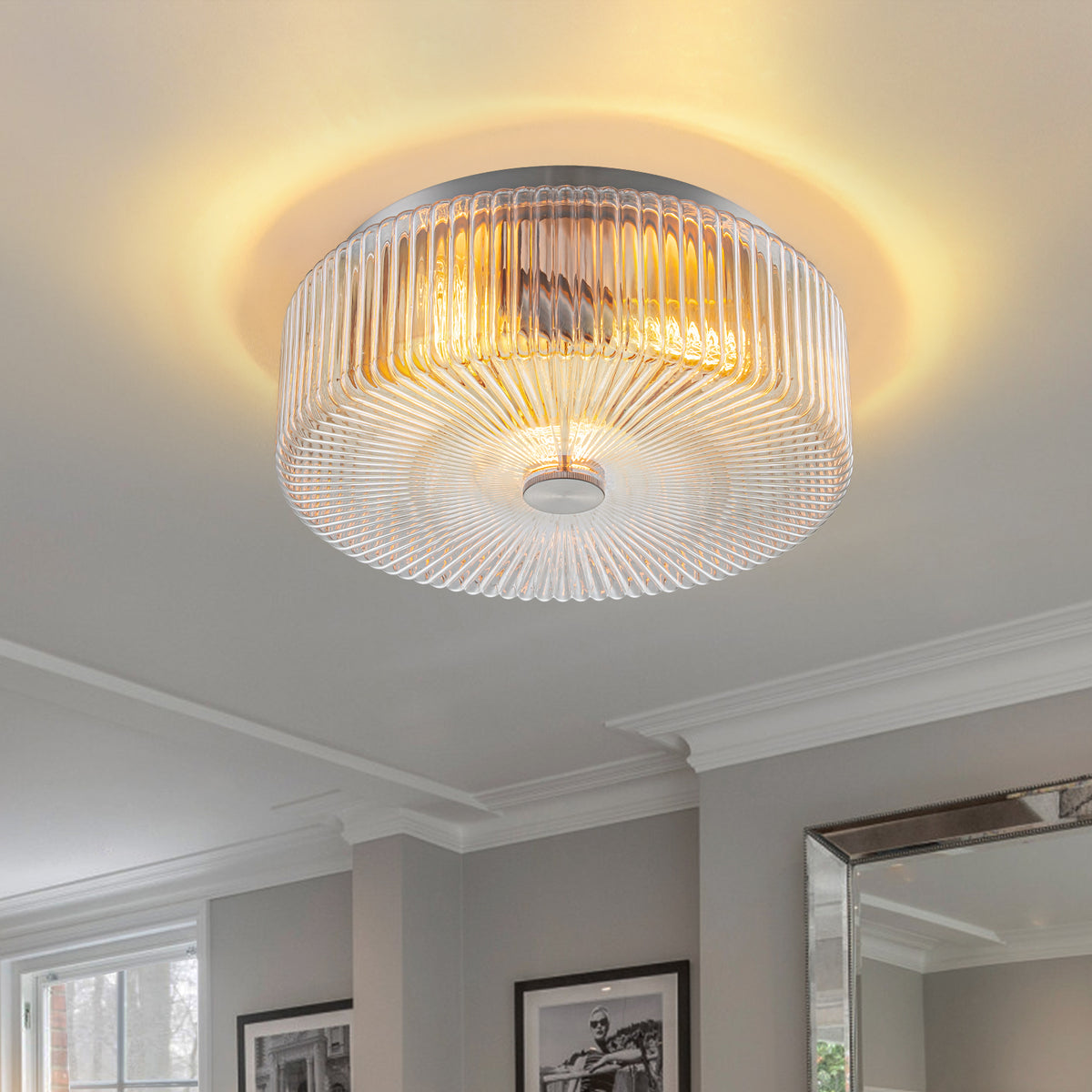 Glowlings 3-Light Modern 14"Wide Clear Fluted Glass Drum Flush Mount Ceiling Light