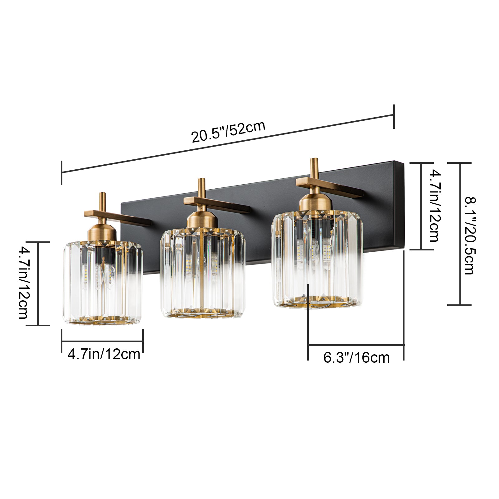 Glowlings 3-Licht 20,5'' Moderne Kristall Quadrat Eitelkeit Licht Für Badezimmer