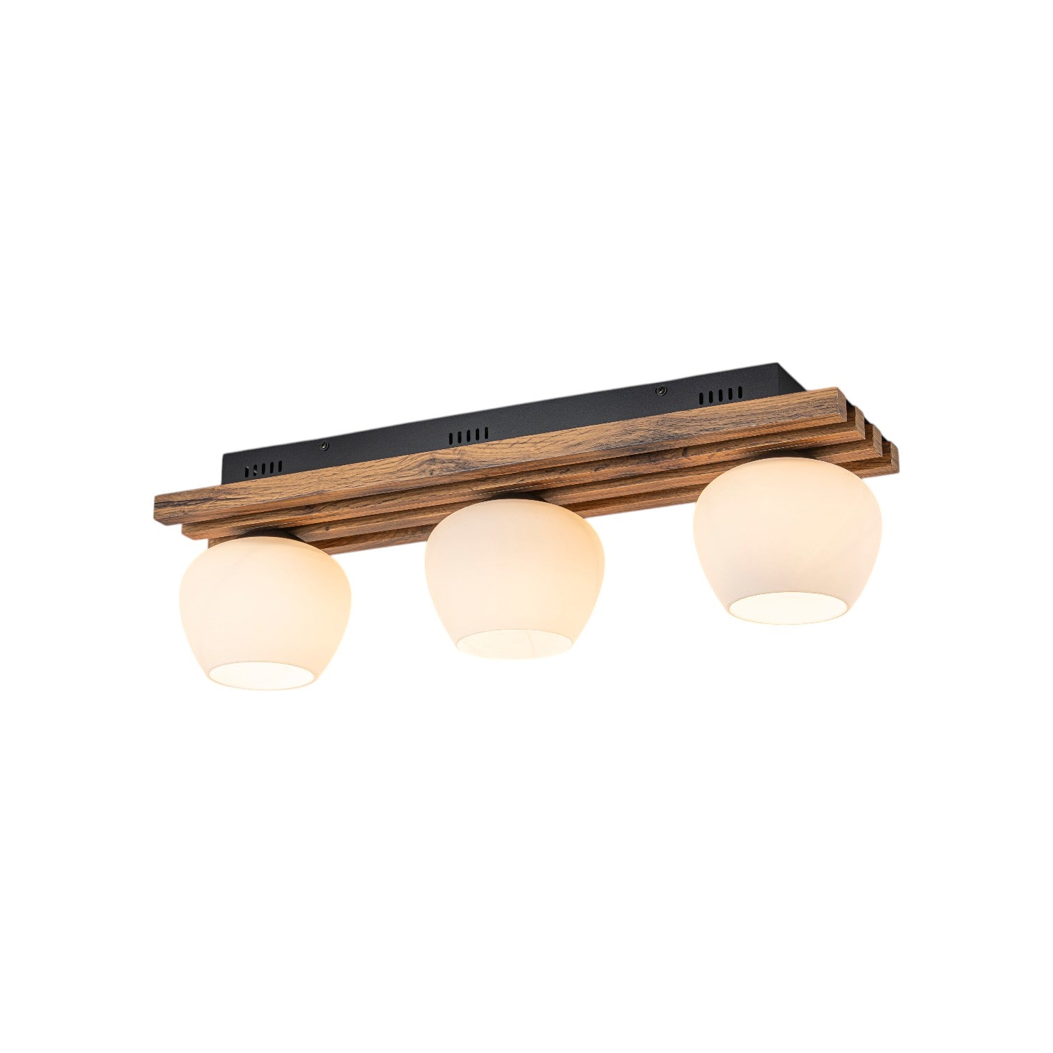 Glowlings 3-Light Modern Farmhouse Walnut Finish Wood Slat Flush Mount Track Lighting with Opal Glass