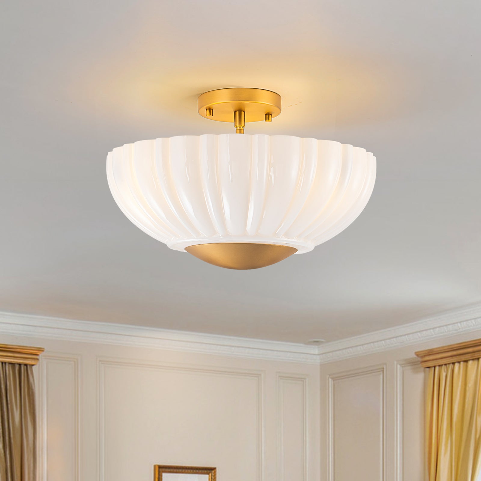 Glowlings 3-Light Modern 15"Wide Brass Flower Shape Opal Glass Semi-Flush Mount Ceiling Light