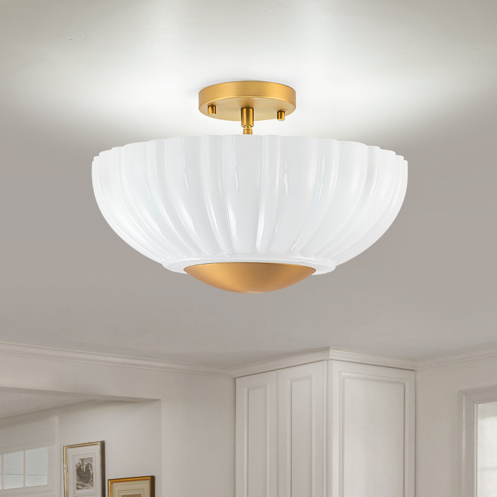 Glowlings 3-Light Modern 15"Wide Brass Flower Shape Opal Glass Semi-Flush Mount Ceiling Light