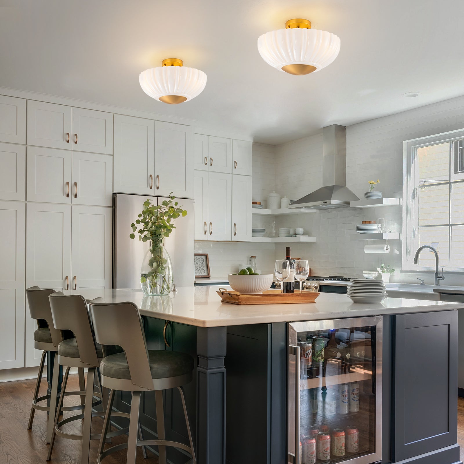 Glowlings 3-Light Modern 15"Wide Brass Flower Shape Opal Glass Semi-Flush Mount Ceiling Light