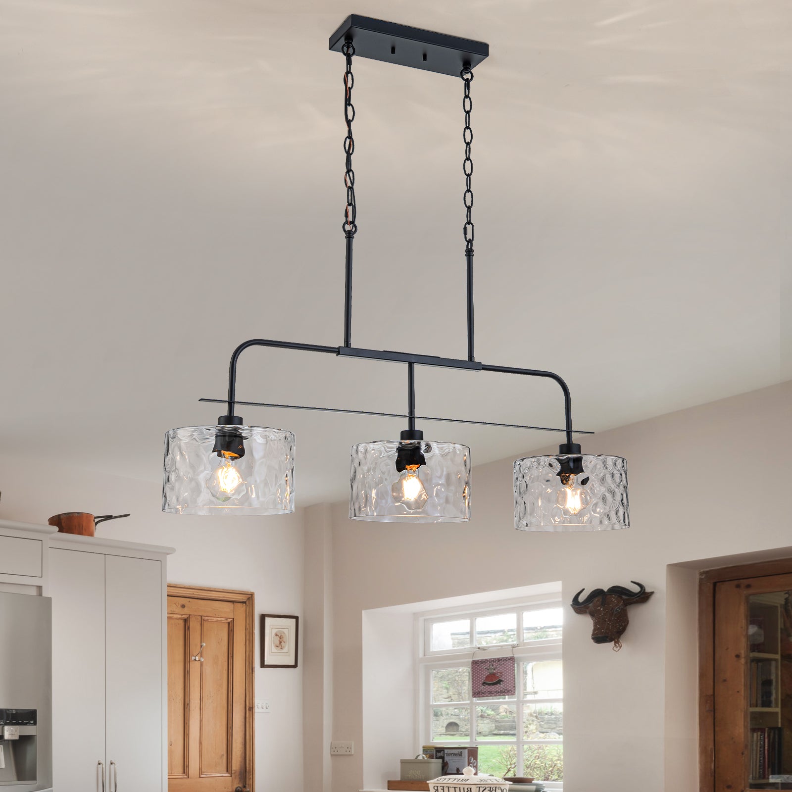 Glowlings 3-Light Modern 36"Wide Large Black Linear Hammered Glass Chandelier