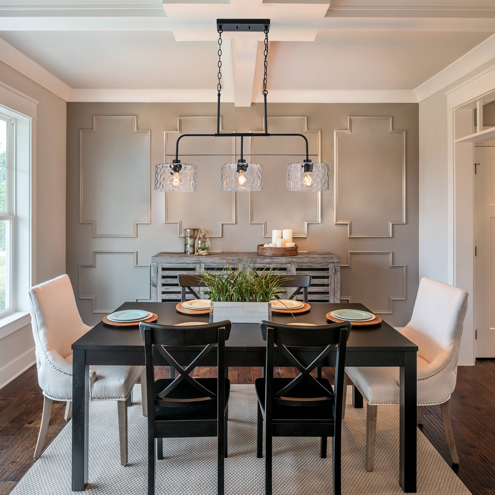 Glowlings 3-Light Modern 36"Wide Large Black Linear Hammered Glass Chandelier