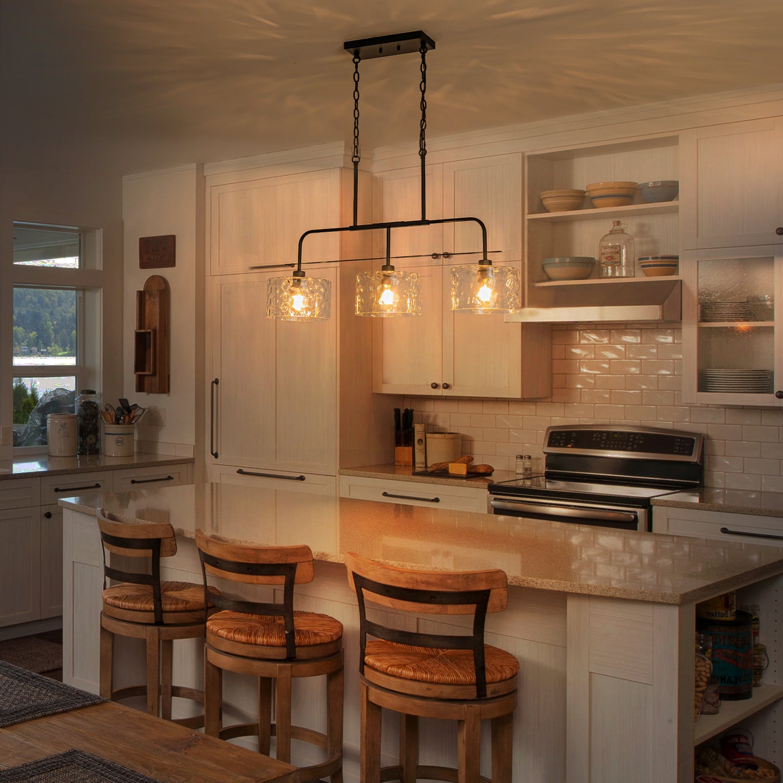 Glowlings 3-Light Modern 36"Wide Large Black Linear Hammered Glass Chandelier