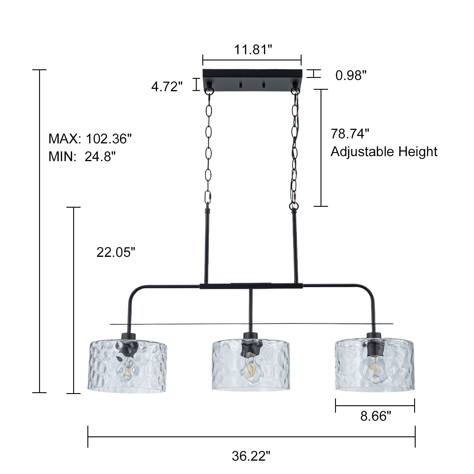 Glowlings 3-Light Modern 36"Wide Large Black Linear Hammered Glass Chandelier
