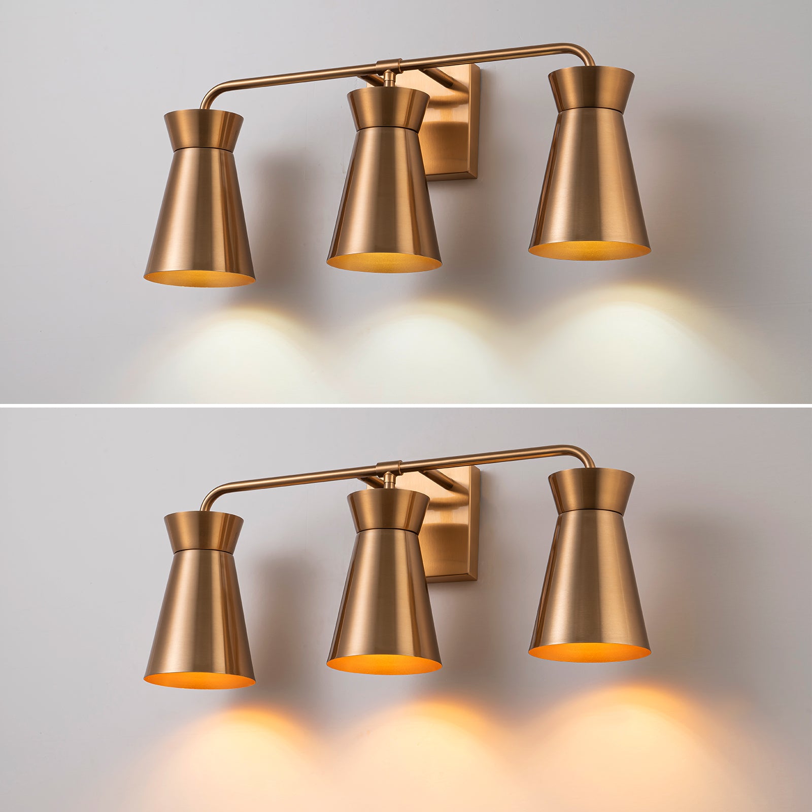 Glowlings 3-flammige, moderne, 55,9 cm breite, lineare Wandleuchte aus antikem Messing, kegelförmig, für Badezimmer, Waschtisch, Wandleuchte