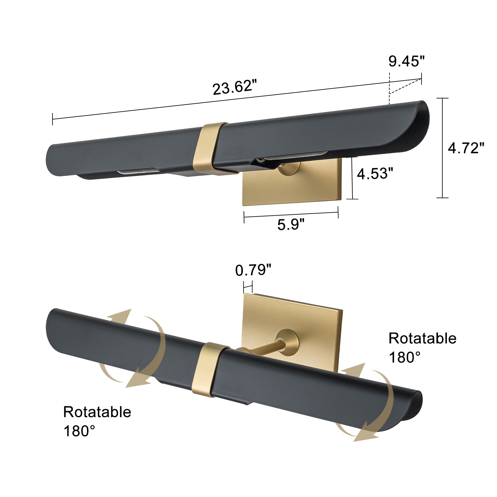 Glowlings 2-Light Modern 24"Wide Linear Matte Black and Gold Picture Light with 180° Adjustable Curved Shield
