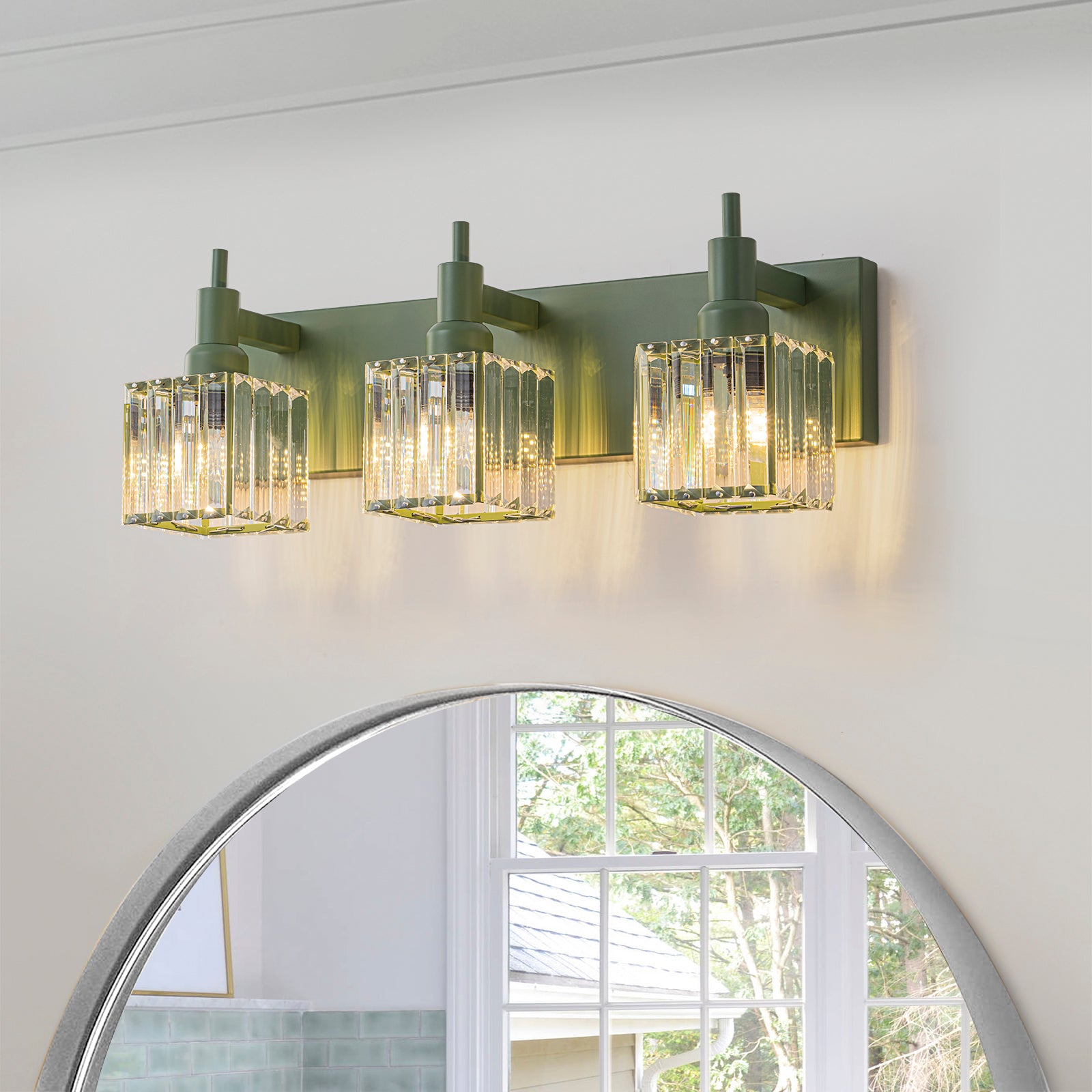 Glowlings 3-flammige moderne quadratische Badezimmer-Waschtischleuchte in Macaron-Grün über dem Spiegel