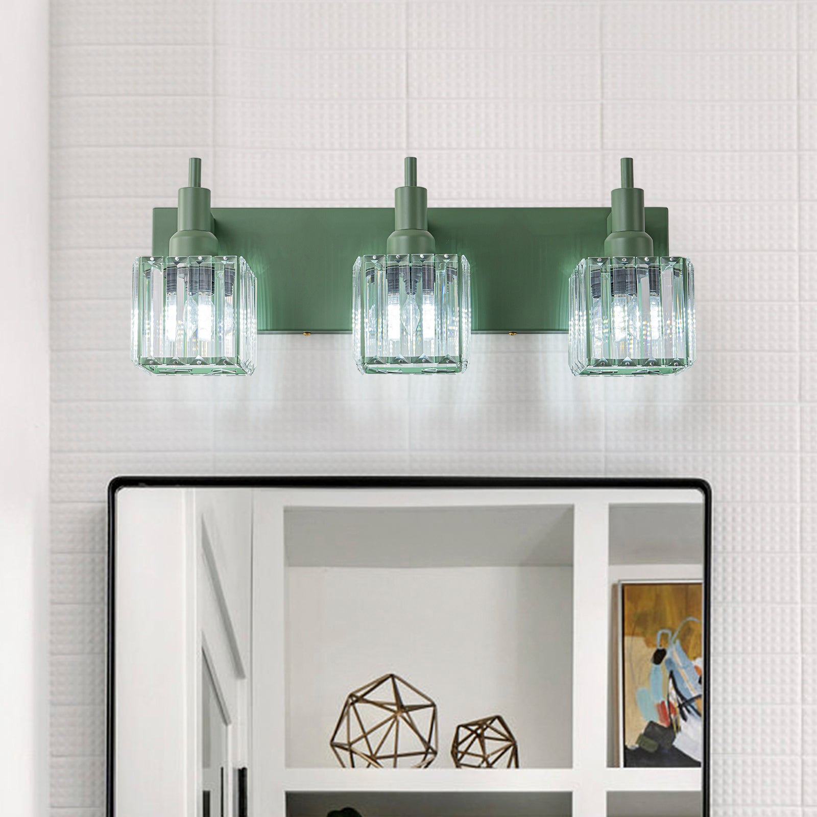Glowlings 3-flammige moderne quadratische Badezimmer-Waschtischleuchte in Macaron-Grün über dem Spiegel