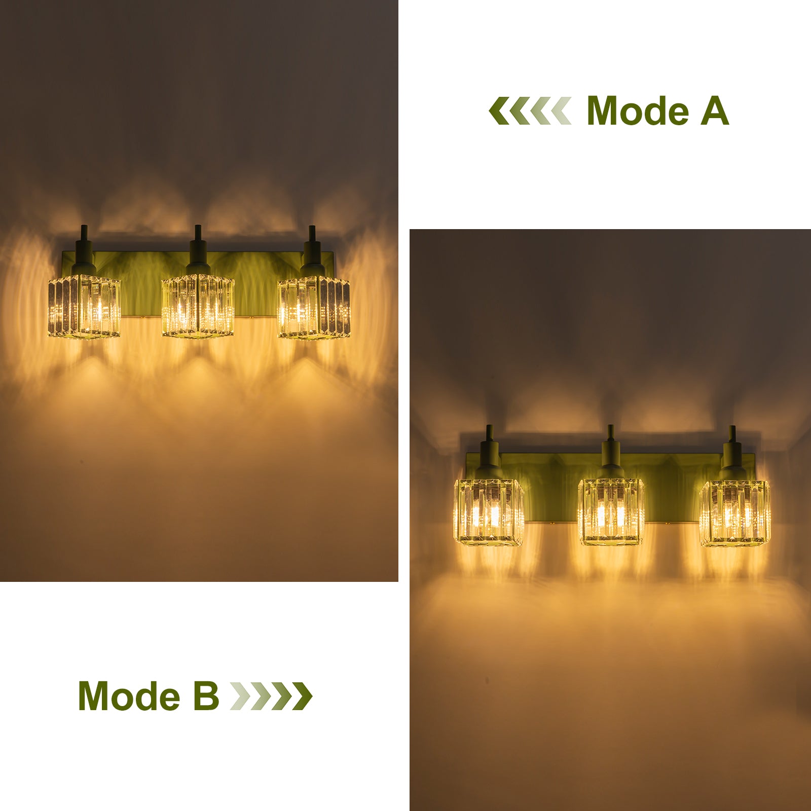Glowlings 3-flammige moderne quadratische Badezimmer-Waschtischleuchte in Macaron-Grün über dem Spiegel