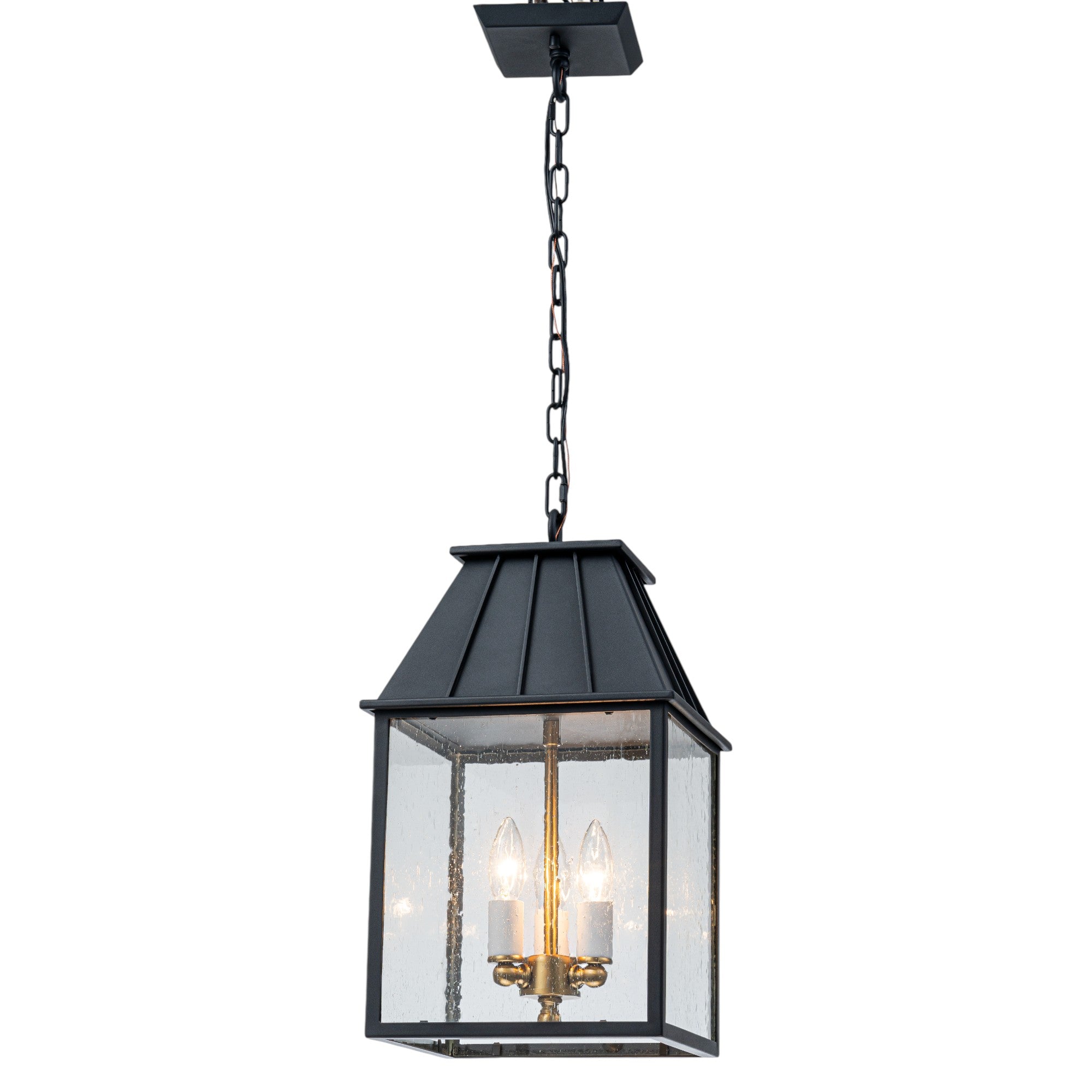 Glowlings 3-Light Modern IP23 Matte Black Seeded Glass Lantern Outdoor Pendant Light