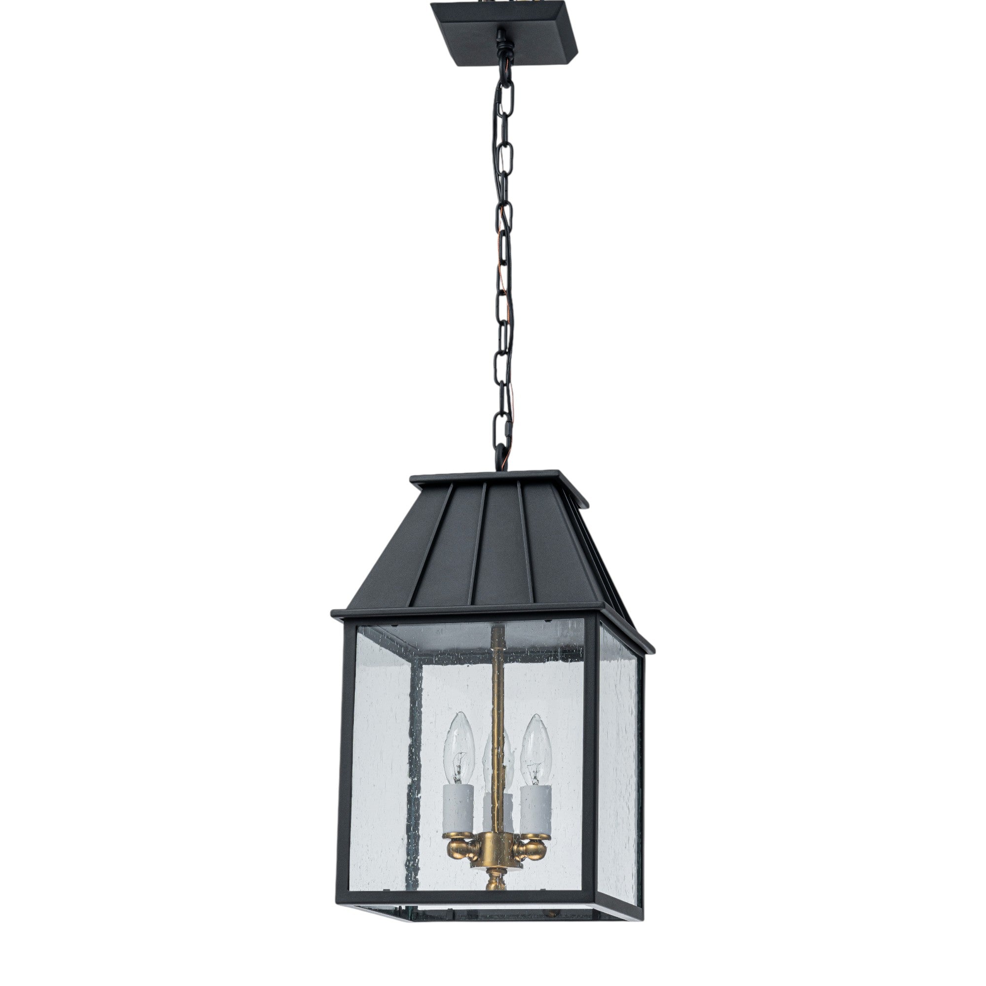 Glowlings 3-Light Modern IP23 Matte Black Seeded Glass Lantern Outdoor Pendant Light