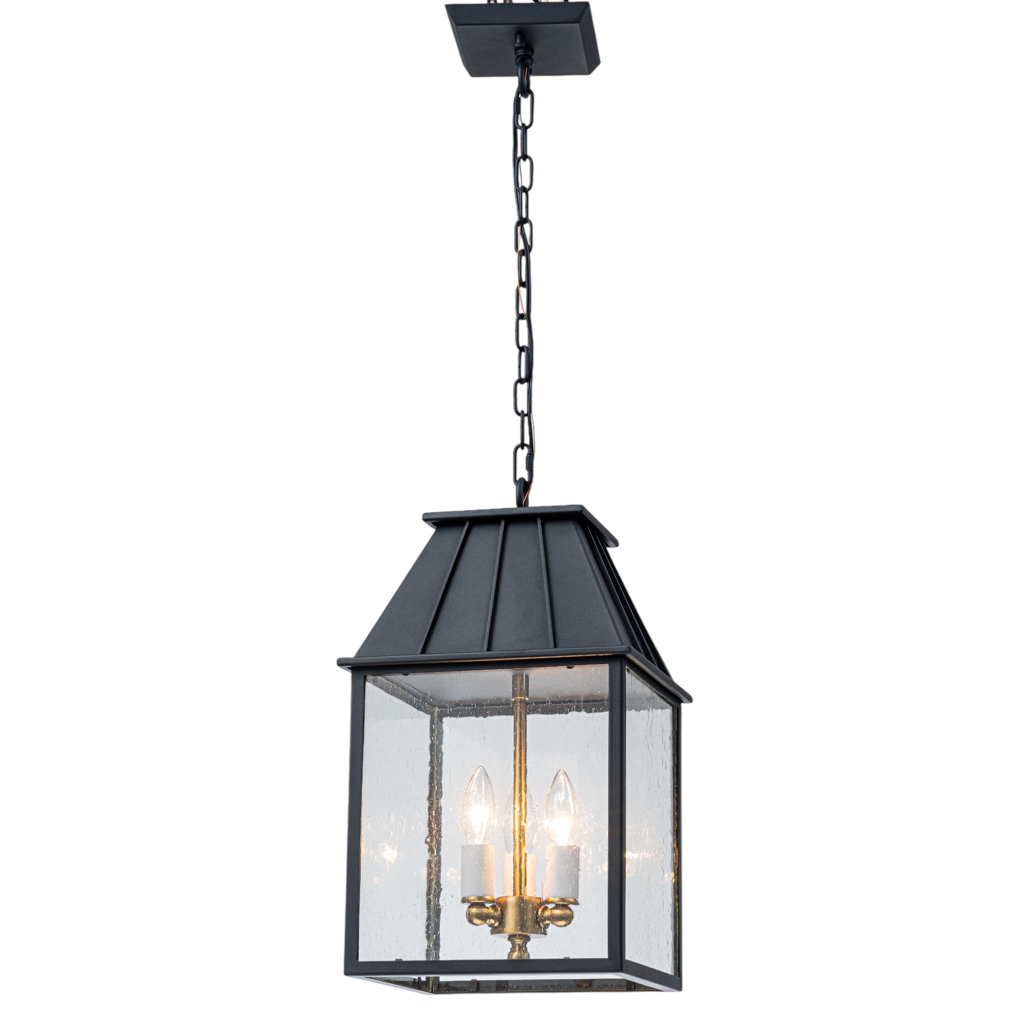 Glowlings 3-Light Modern IP23 Matte Black Seeded Glass Lantern Outdoor Pendant Light